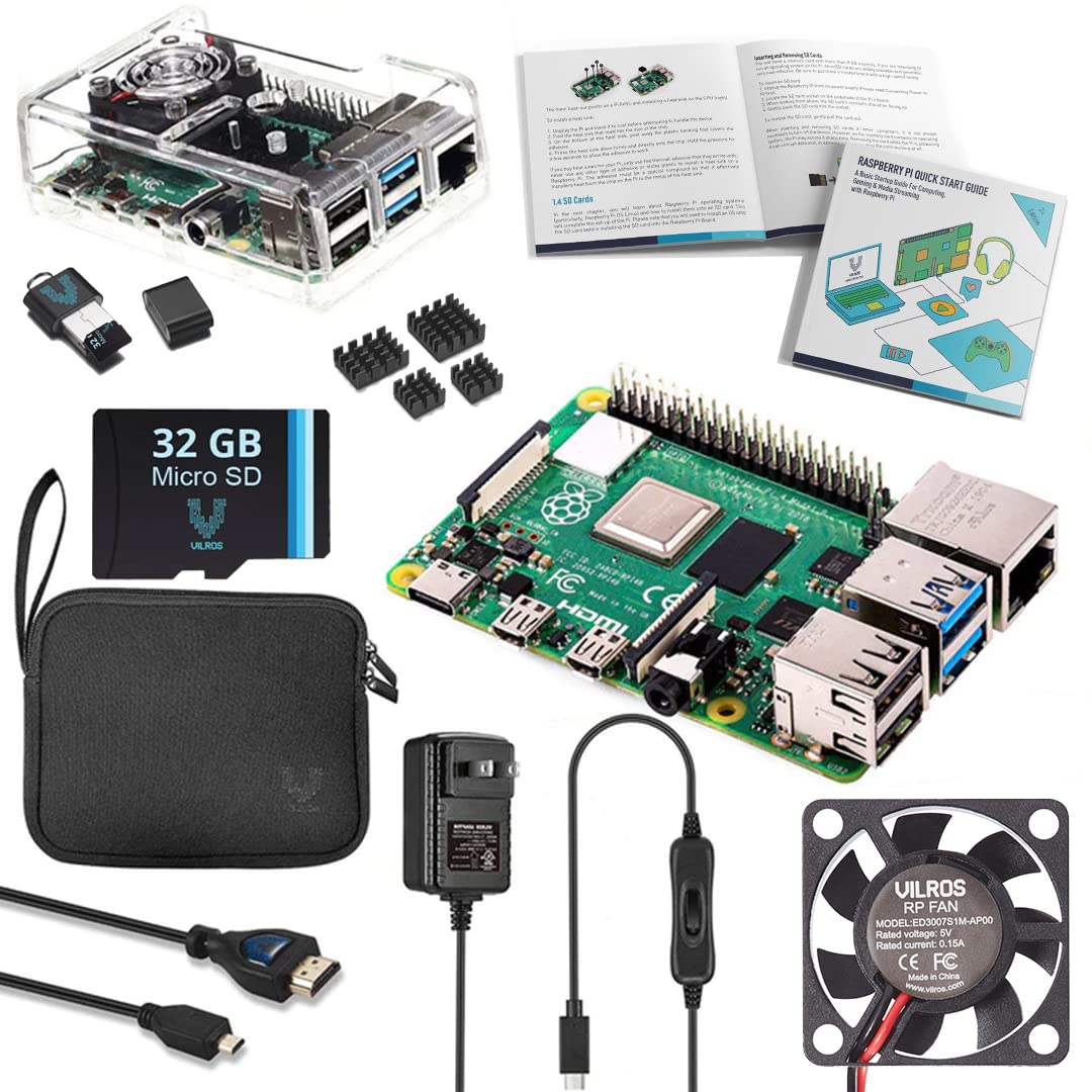 Vilros Raspberry Pi 4 Complete Starter Kit with 1GB RAM - Includes Pi 4 Board, Fan Cooled Clear Case, 64GB Preloaded Micro SD Card, Power Supply & Accessories | Perfect for DIY Projects, Coding, Home Automation & IoT Development