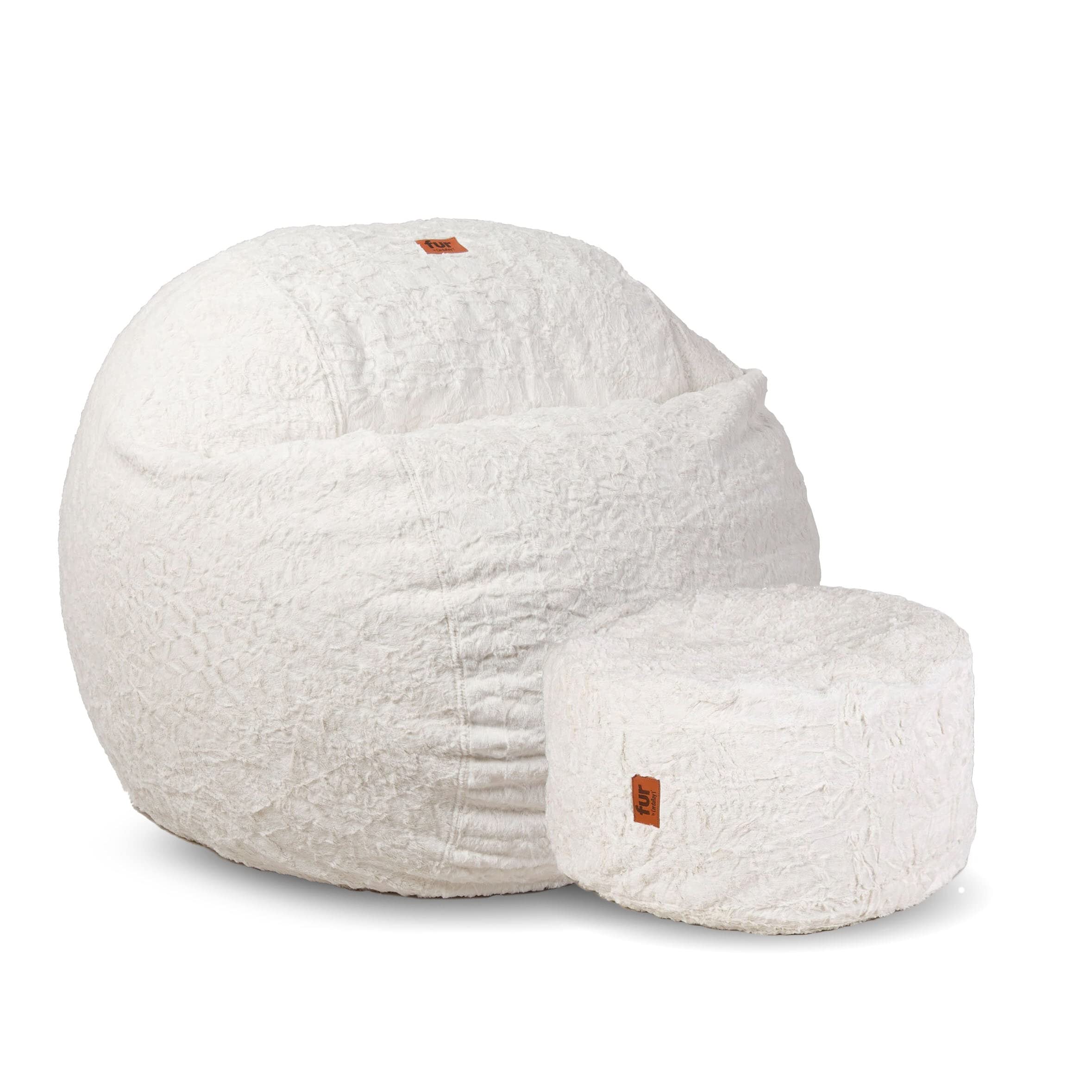 CordaRoy's Queen Size Faux Fur Bean Bag Chair with Footstool - Soft Convertible Sofa Bed for Adults & Teens - Perfect for Living Room, Bedroom, Game Room & Dorm Decor (White)