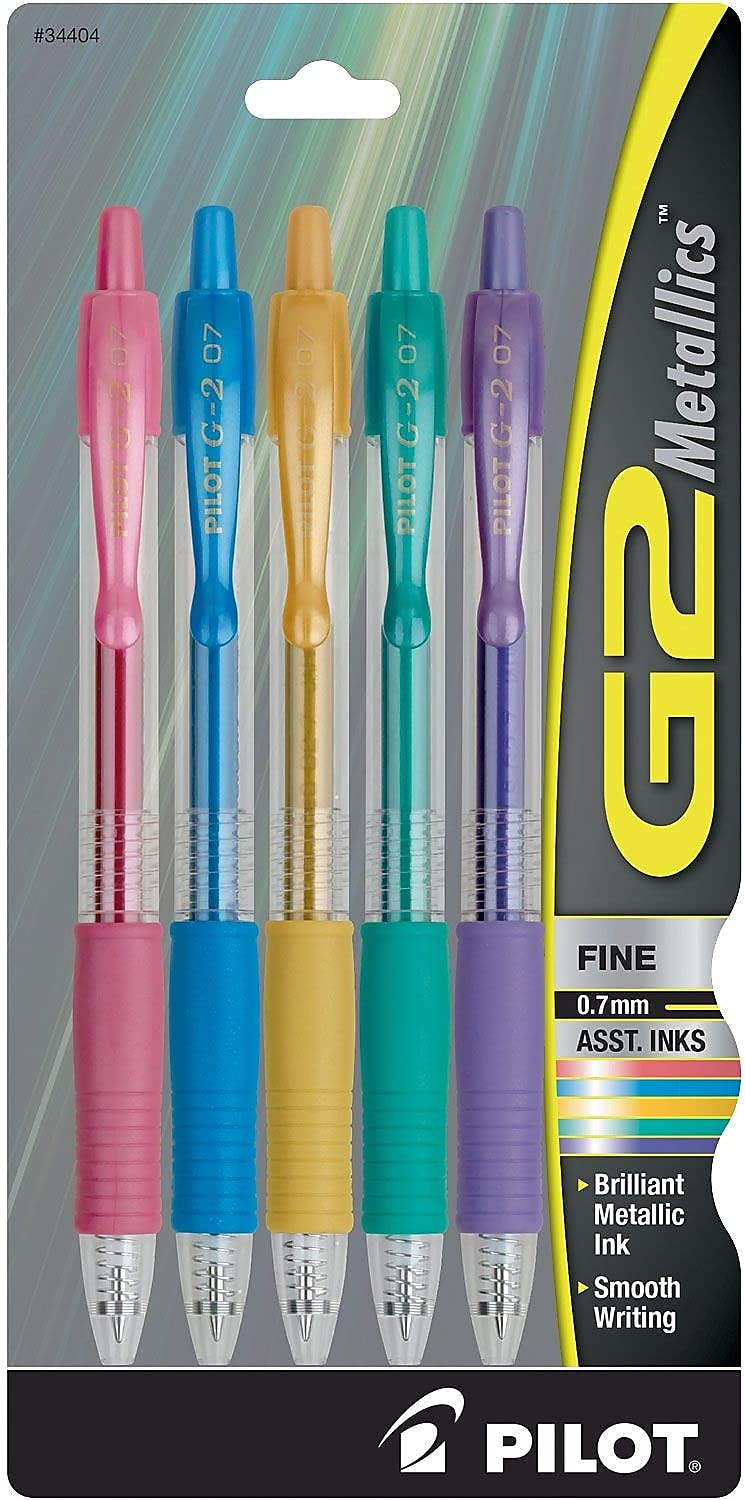 Pilot G2 Premium Metallic Gel Pens - 0.7mm Fine Point - 5 Pack Assorted Colors - Perfect for Journaling, Note Taking & Office Work