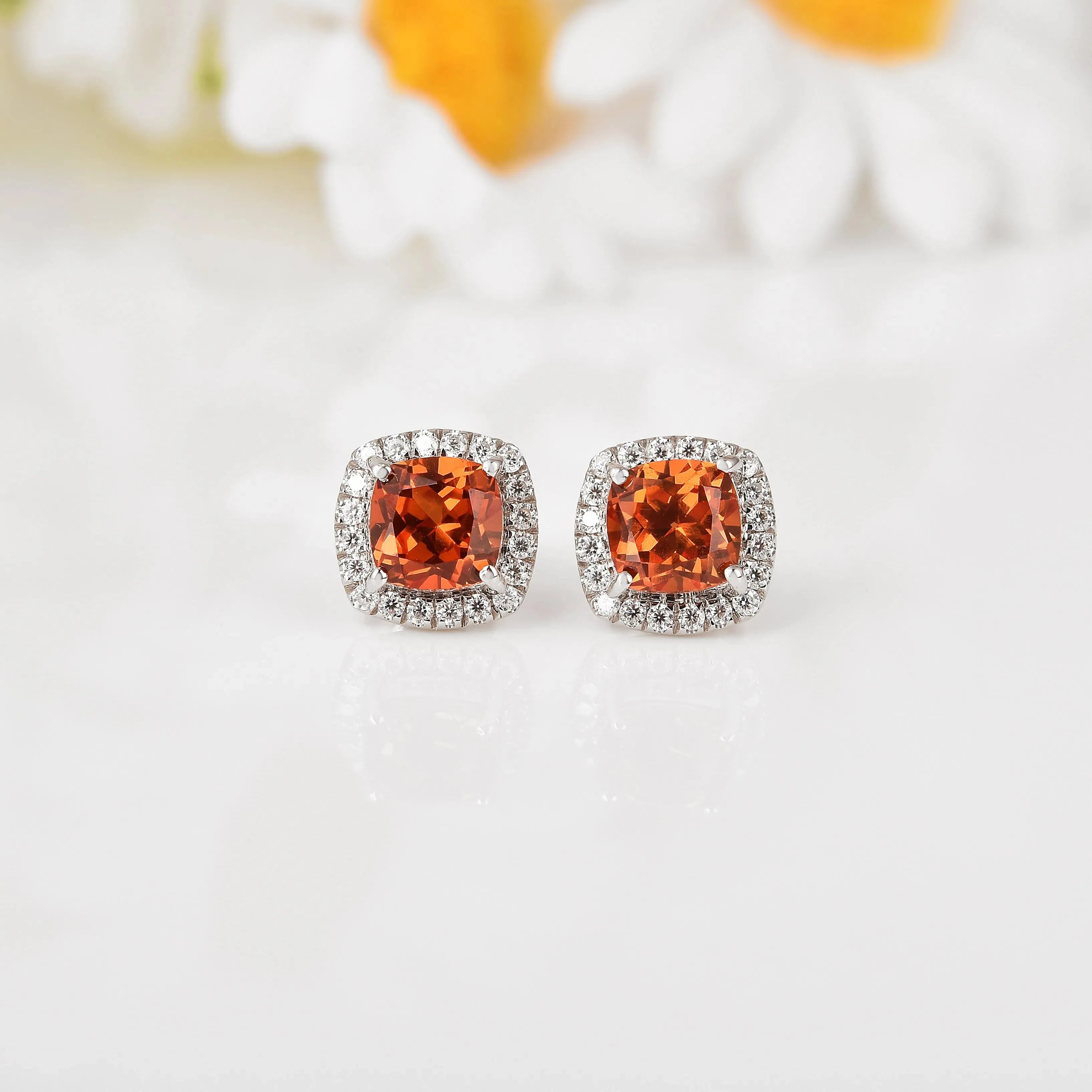 Peach Sapphire Cushion Stud Earrings - 14K Gold Plated Gemstone Jewelry for Women | Perfect for Weddings, Parties & Everyday Elegance