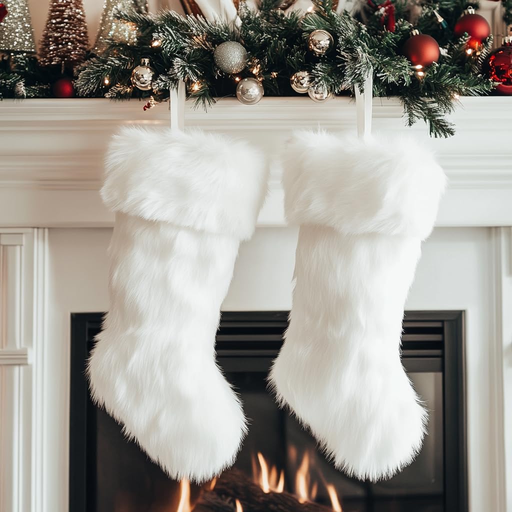 AISENO 2 Pack 18 Inch White Faux Fur Christmas Stockings - Hanging Holiday Decorations for Fireplace, Candy Gifts, Xmas Tree & Festive Home Decor