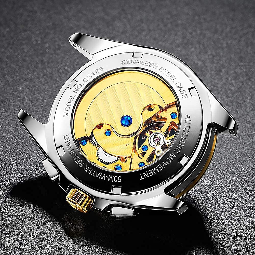 OUPINKE Men's Automatic Skeleton Watch - Self-Winding Mechanical Watch with Sapphire Crystal, 50M Waterproof & Tungsten Steel Case - Perfect for Business, Formal Events & Everyday Wear