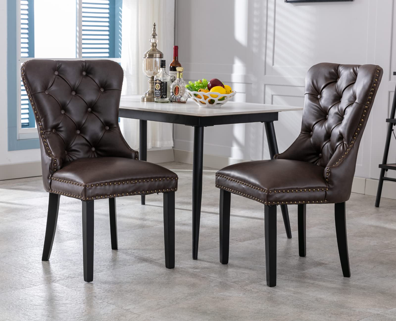 EALSON Mid Century Modern Dining Chairs Set of 2 - Leather Upholstered Kitchen Side Chairs with Wood Legs, Tufted Back & Nail Head Trim - Perfect for Dining Room, Living Room or Coffee Shop Decor