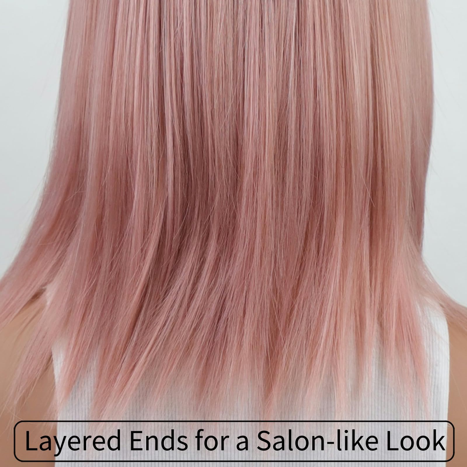 RENERSHOW Ombre Pink Layered Mid-Length Bob Wig with Bangs - Straight Synthetic Hairpiece for Women | Cosplay, Halloween, Costume Party, Daily Fashion