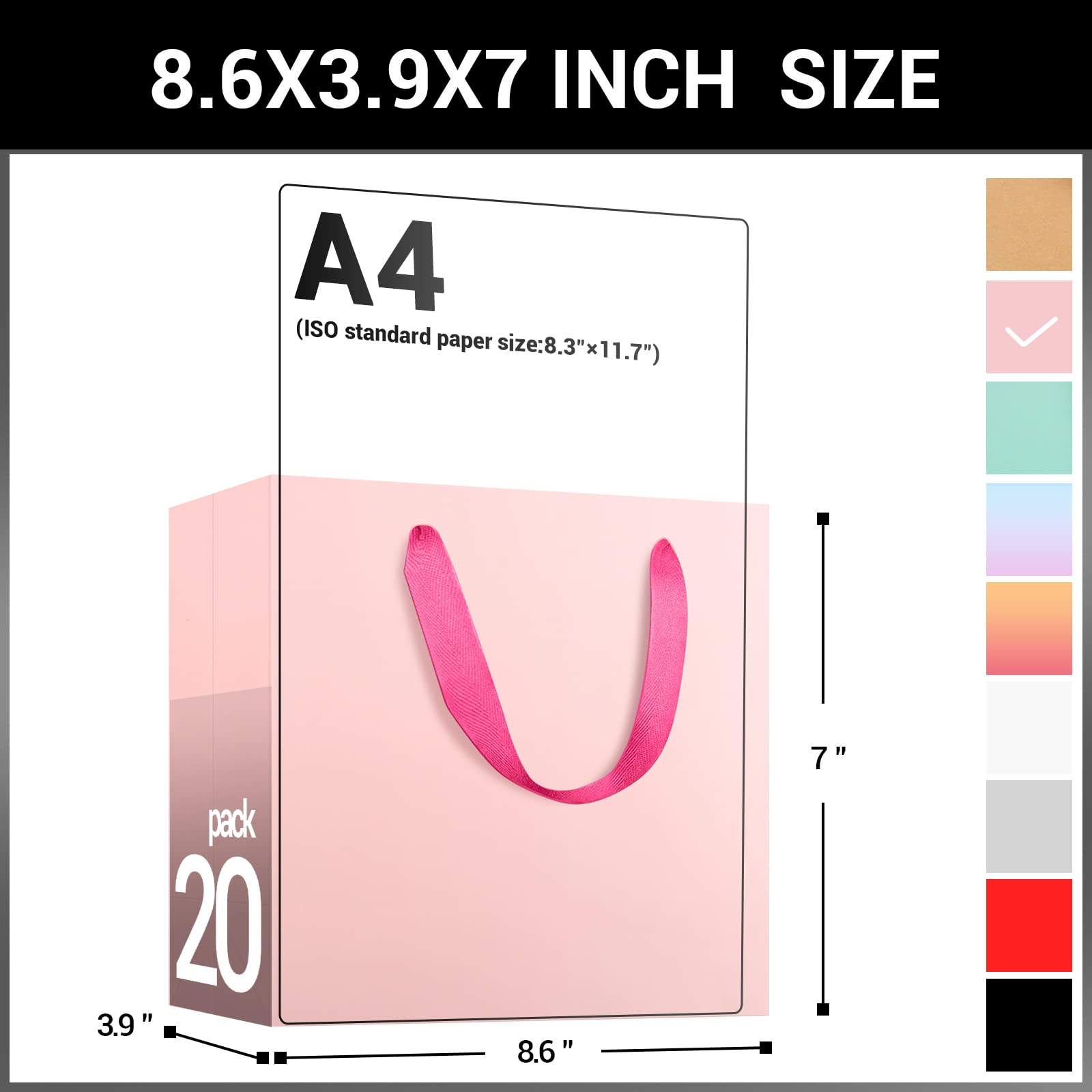EUSOAR 20pcs Pink Recyclable Kraft Gift Bags with Handles 8.6x3.9x7 Inches - Sturdy Paper Shopping Bags for Boutique Business, Birthday Presents, Party Favors & Craft Supplies | Perfect for Retail Packaging, Wedding Favors & Holiday Gifting