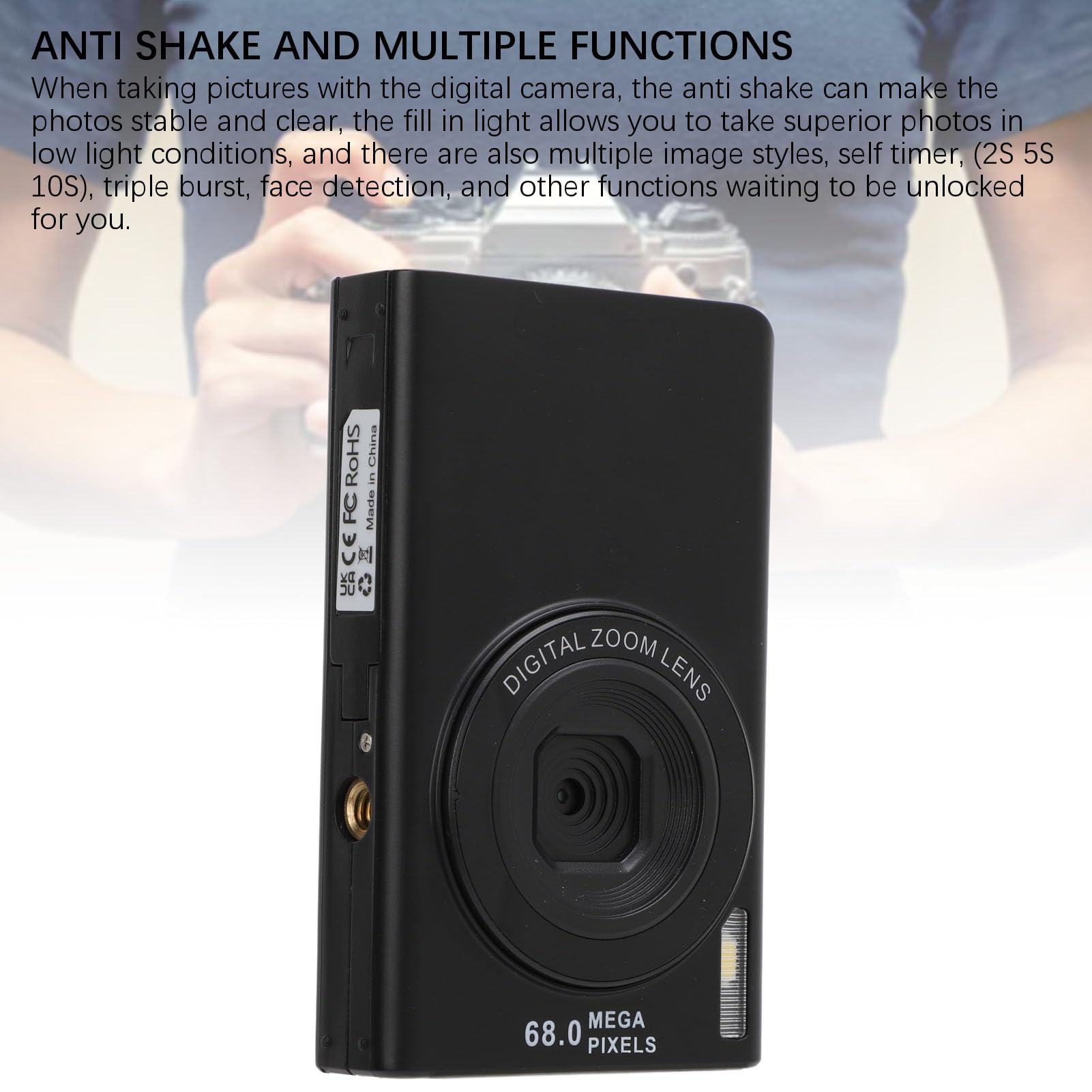 4K 68MP Digital Camera with 16X Zoom & Auto Focus - 2.4 Inch IPS Screen Vlogging Camera with Anti-Shake & Continuous Shooting - Built-in Fill Light for Travel, YouTube Videos & Photography