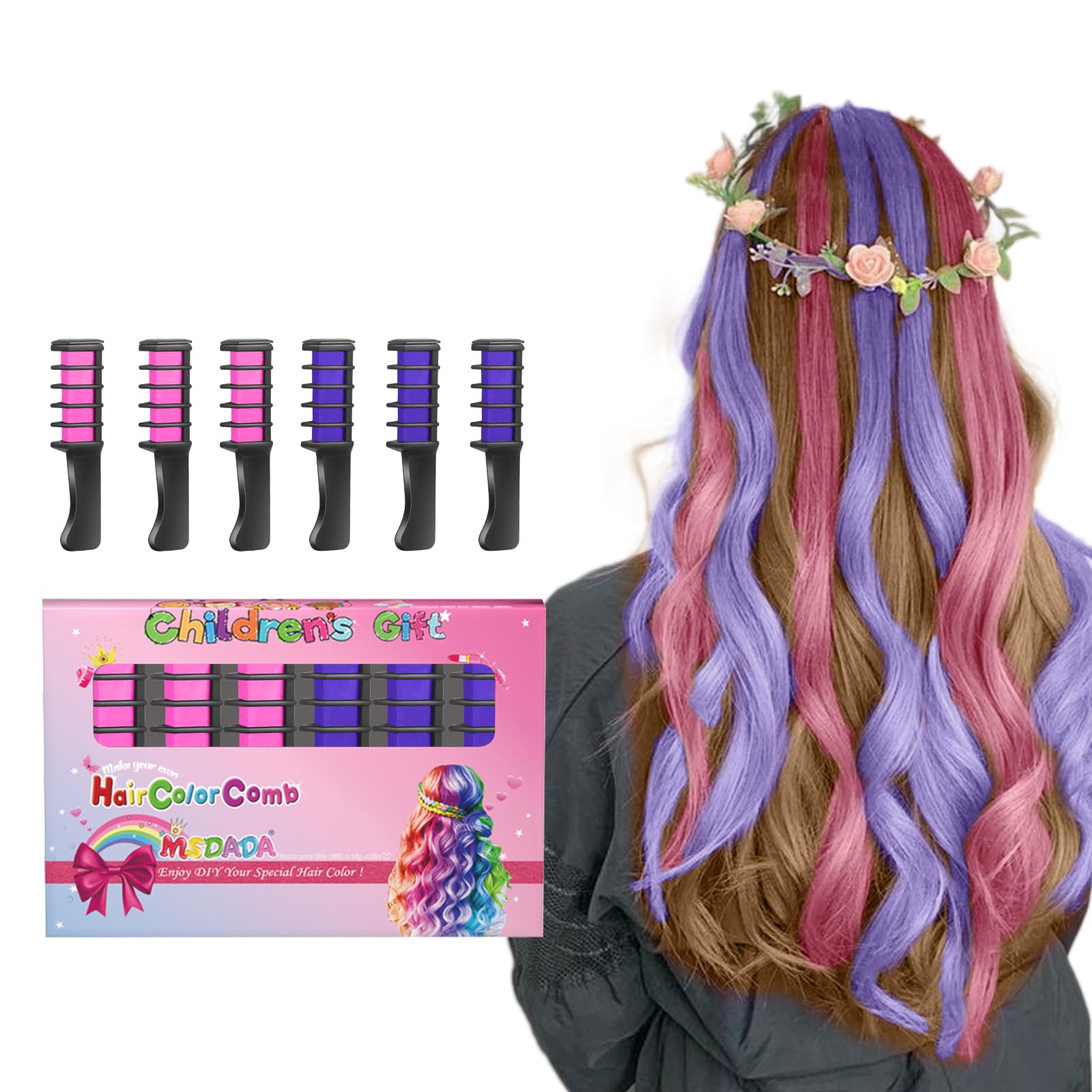 MSDADA Washable Hair Chalk Comb - Temporary Hair Color Dye for Kids & Girls (Purple & Pink) | Safe Non-Toxic Hair Color for Light Hair | Birthday, Cosplay, Easter & DIY Styling | Ages 4-10