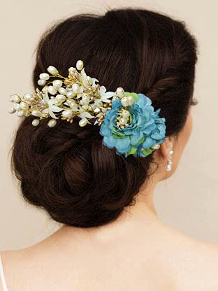 Artificial Peony Flower Hair Comb with Pearls - Elegant Hair Slide & Bun Accessory for Women & Girls (Blue) | Perfect for Weddings, Prom & Special Occasions