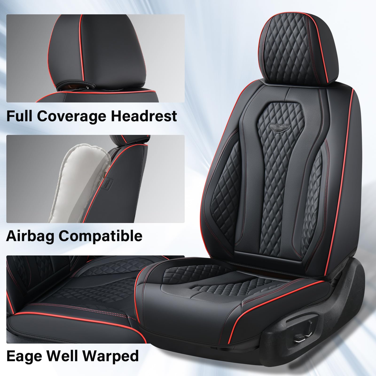Universal Waterproof Car Seat Covers Full Set - Black with Red Stitching | Front & Back Seat Protectors for Most Vehicles | Perfect for Pets, Kids & Daily Commute
