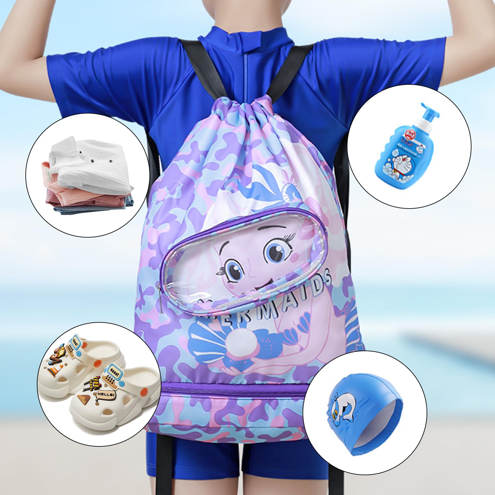 JOLINTAL Purple Mermaid Swimming Bag - Waterproof Drawstring Beach Bag for Kids, Girls Swim Accessories, Duffle Dry Bag for Pool, Beach, Travel & Sports Activities