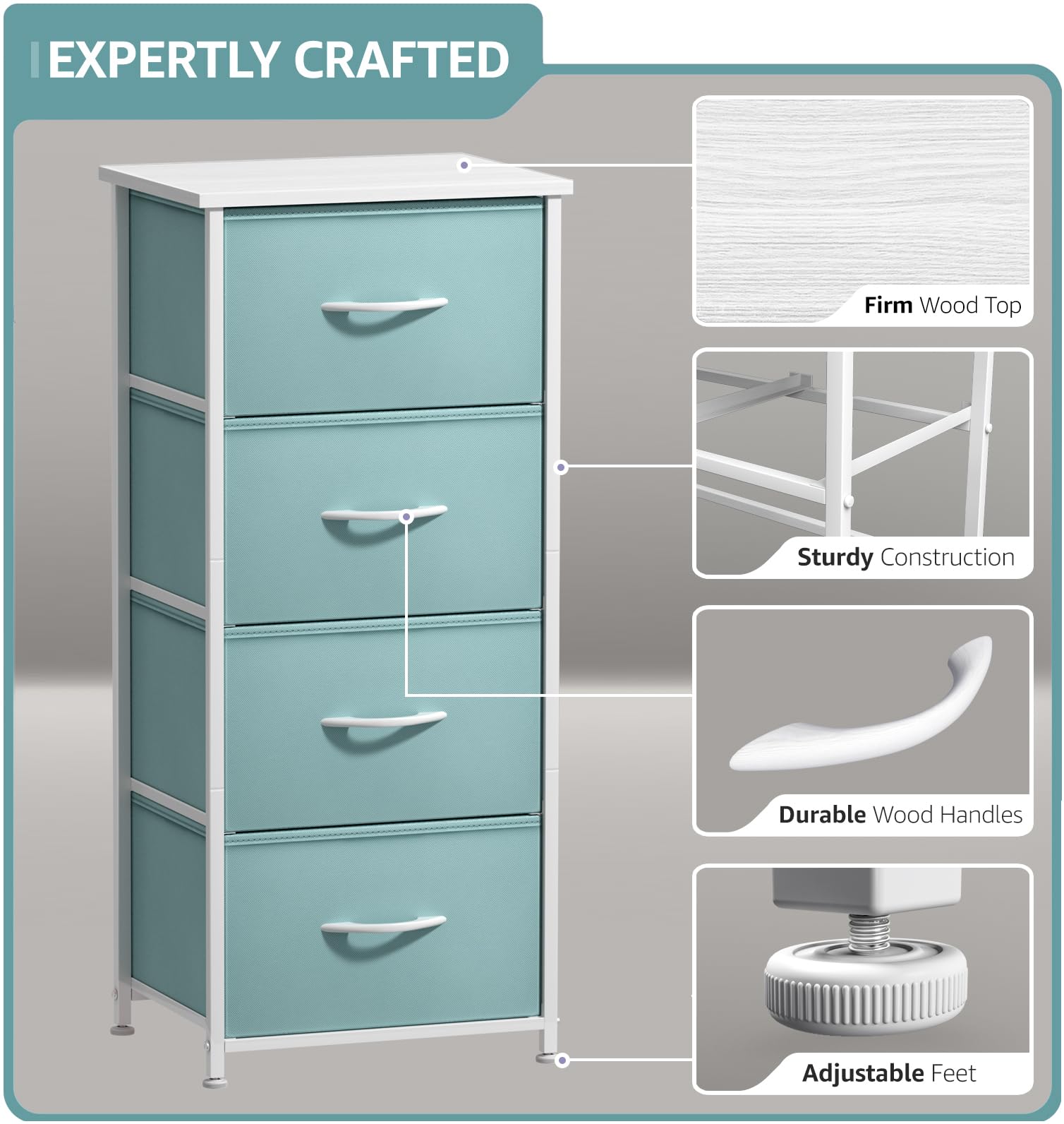 Sorbus 5-Tier Dresser Storage Tower with Fabric Bins - Wood Top & Steel Frame Organizer for Clothes, Toys, Accessories | Perfect for Kids Bedroom, College Dorm, Closet Organization (Aqua Blue) - Space-Saving Solution for Small Rooms & Apartment Living