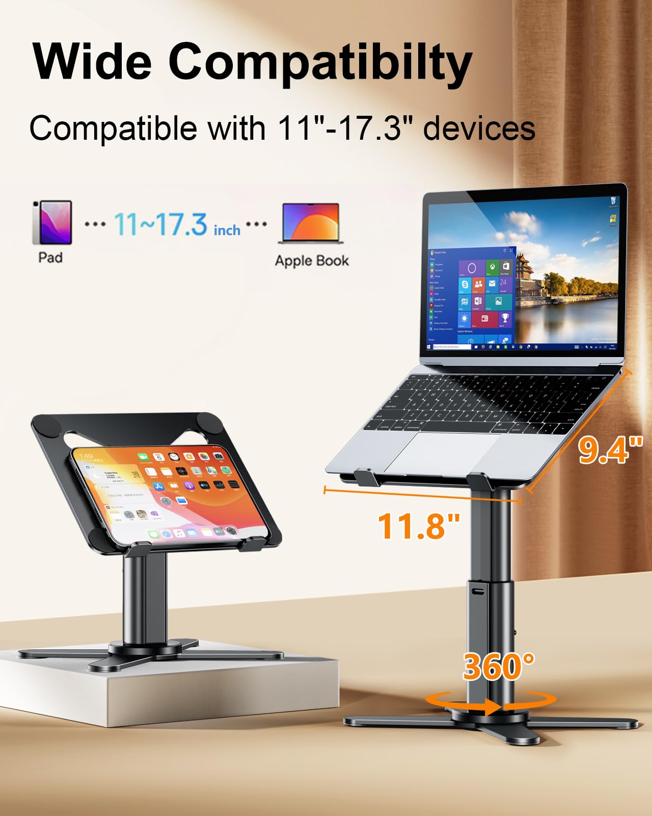 360° Rotating Adjustable Laptop Stand for Desk - Ergonomic Height & Angle Computer Stand for MacBook Pro/Air, Dell, Lenovo, HP 11