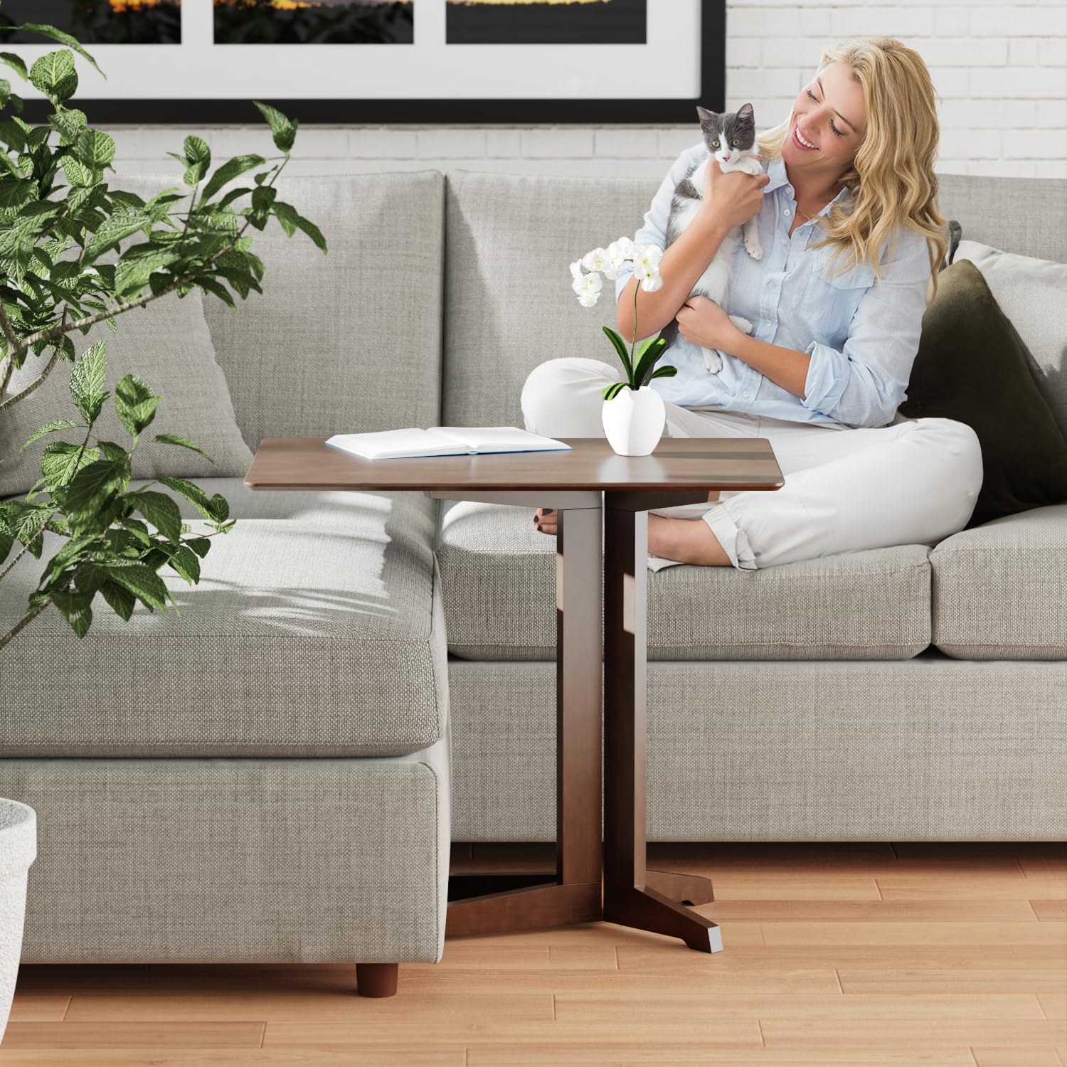 Premium Bamboo C-Shaped Side Table with Wheels - Small Coffee Table, End Table & Sofa Table - Sliding Under Couch for Living Room - Laptop Stand & Rolling TV Tray for Eating - Perfect for Small Spaces, Bedroom, Office & Dorm Use