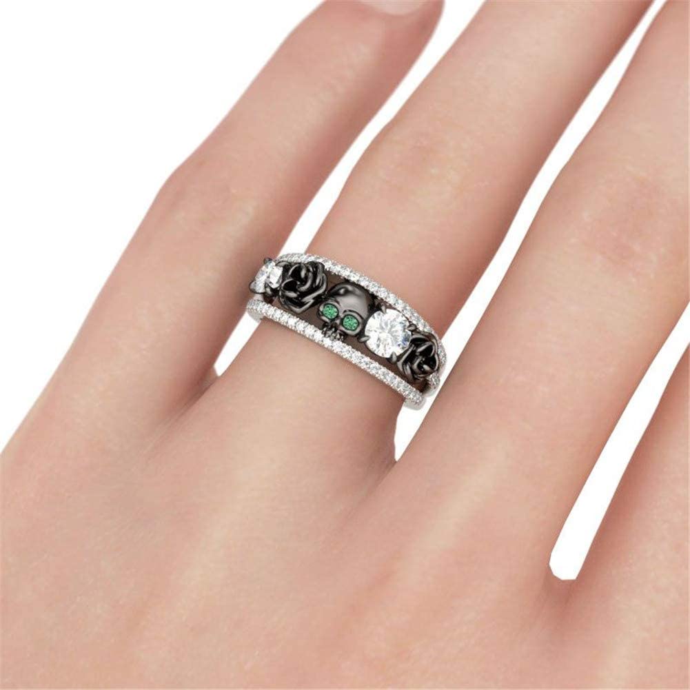 Jeulia Sterling Silver Skull Rings for Women & Men - Round Cut Diamond & Emerald Birthstone CZ Wedding Bands, Black Plated Floral Engagement Promise Rings with Jewelry Box - Perfect for Anniversary, Gothic Fashion & Alternative Jewelry Lovers
