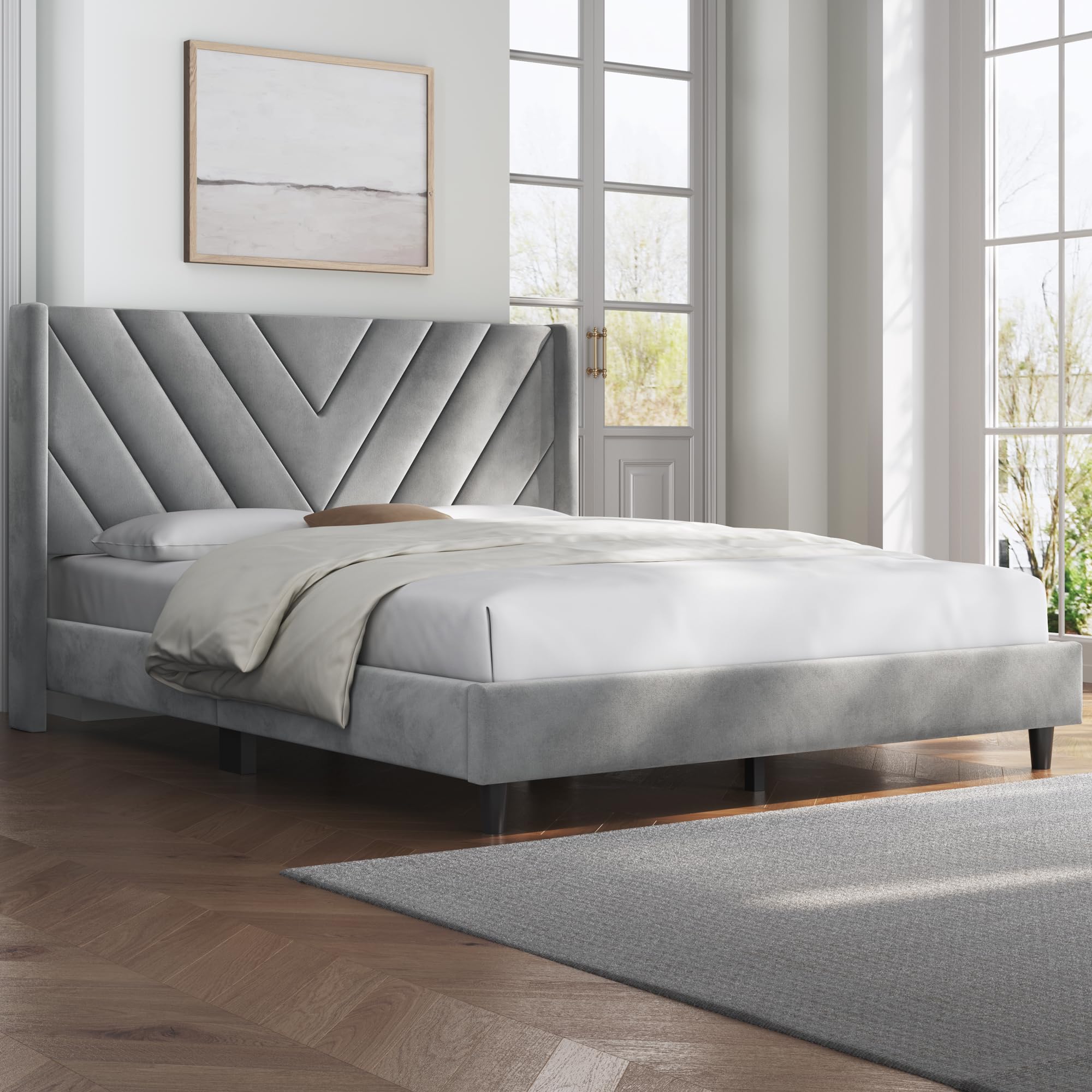 Yaheetech Upholstered Queen Size Platform Bed Frame with Wing Side Design, Wooden Slat Support & Tufted Headboard - No Box Spring Needed, Light Gray - Perfect for Modern Bedrooms, Guest Rooms & Small Spaces