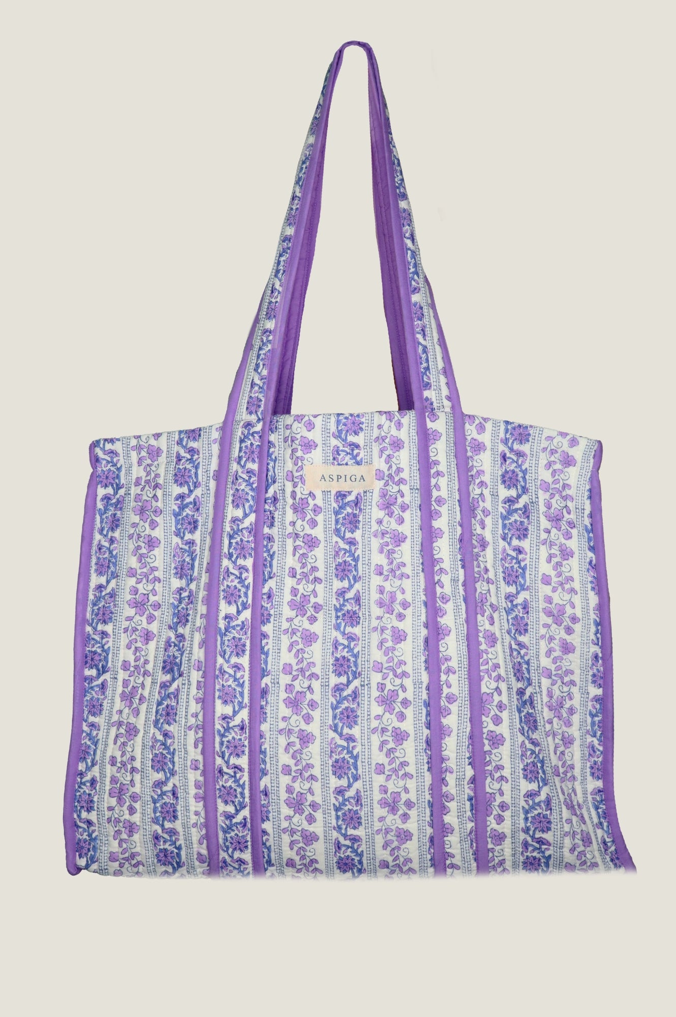 Quilted Block Print Tote Bag for Women - Linear Botanical Blue Purple Cotton Shoulder Bag - Perfect for Shopping, Beach, Work & Travel
