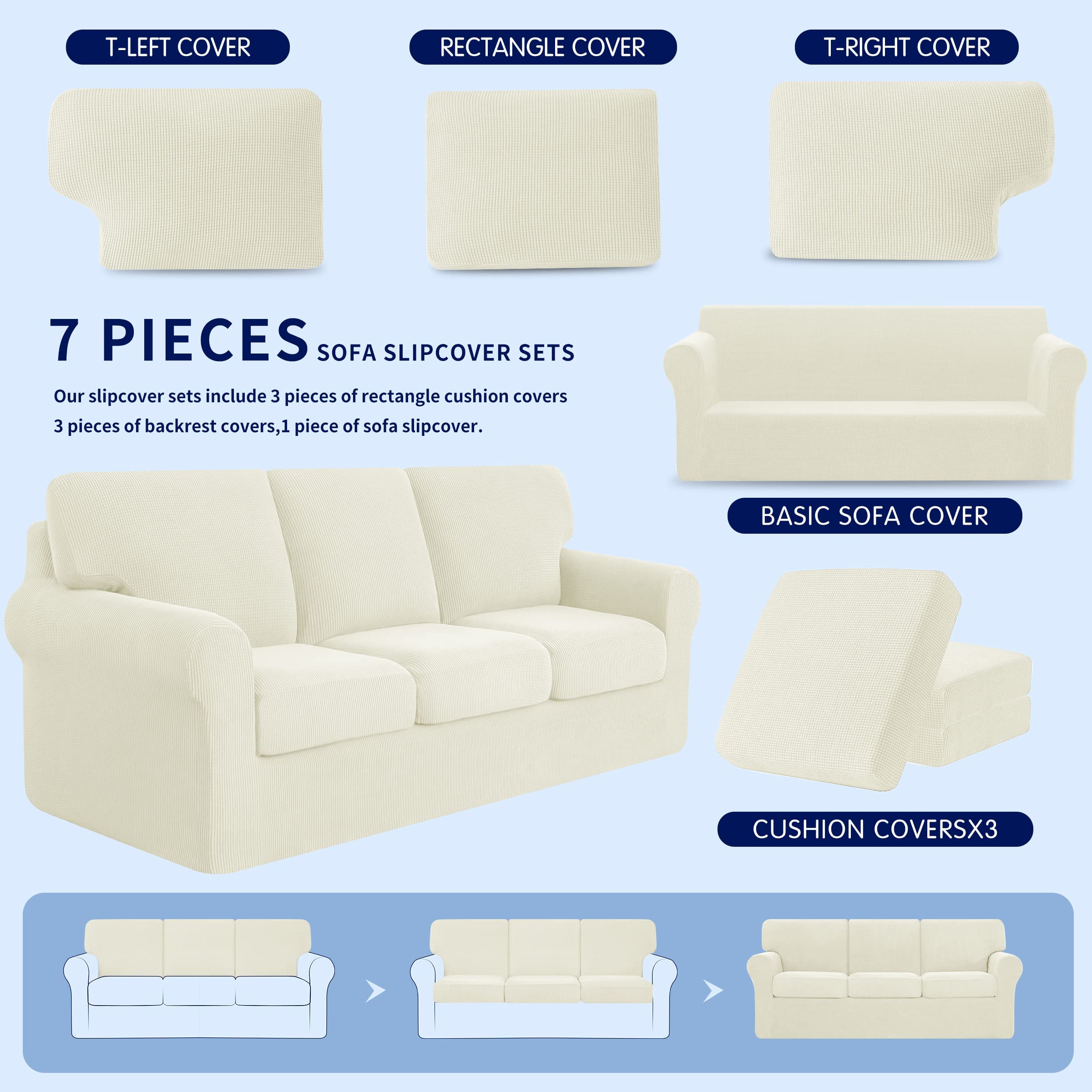 SUBRTEX 5-Piece Loveseat Cover & 7-Piece Sofa Cover Set - Stretchable Couch Slipcover with Separate Backrest & Cushion Covers - Fits Medium & Large Couches (Ivory) - Perfect for Living Room, Home Theater & Family Gatherings