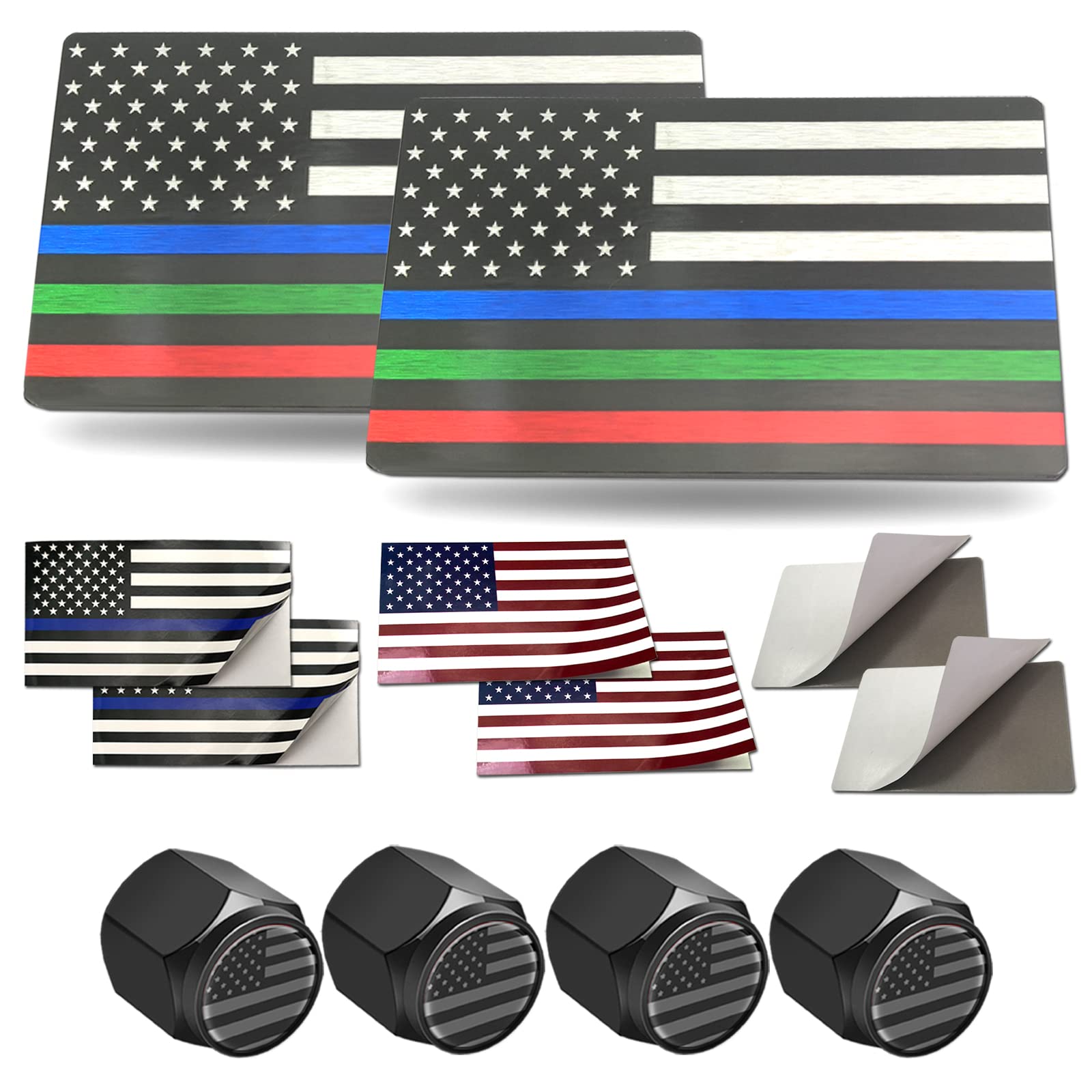 USA Flag Decals & Tire Valve Caps - Patriotic 2-Pack 3x5 Inch American Flag Stickers with Thin Red Blue Line for Cars, Trucks, SUVs | Perfect for 4th of July, Veterans Day & Patriotic Events | Durable Aluminum Decals & Valve Cover Set