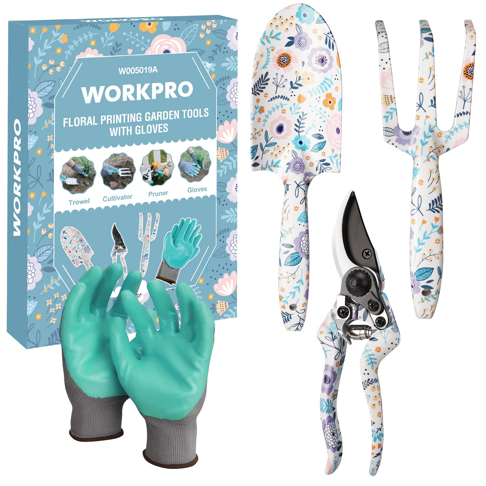 WORKPRO 4-Piece Heavy Duty Aluminum Garden Tool Set with Trowel, Rake, Pruner & Gloves - Durable Gardening Kit for Planting, Weeding & Landscaping - Perfect Gift for Gardeners & Outdoor Enthusiasts