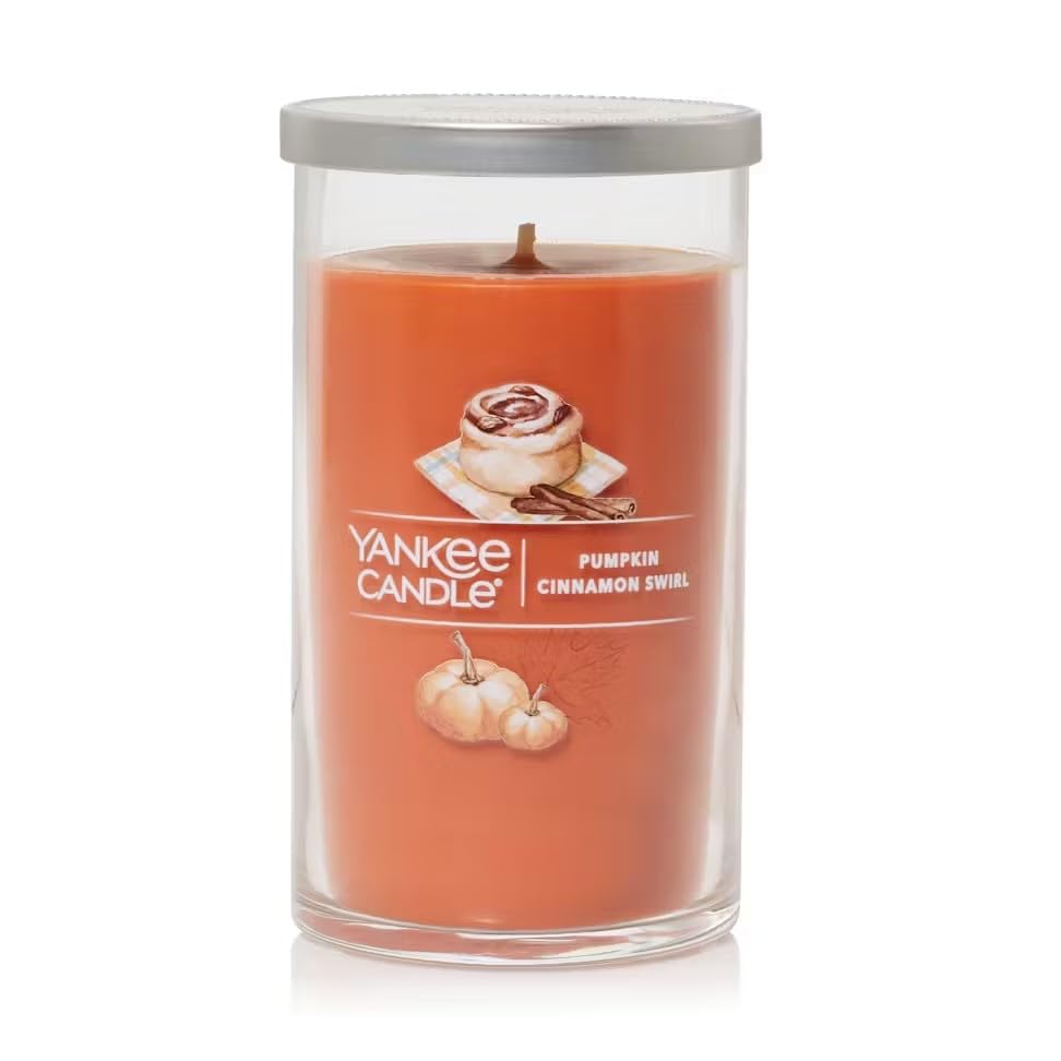 Yankee Candle Pumpkin Cinnamon Swirl Medium Pillar Candle | Fall Scented Home Decor | Perfect for Thanksgiving, Halloween & Cozy Autumn Evenings