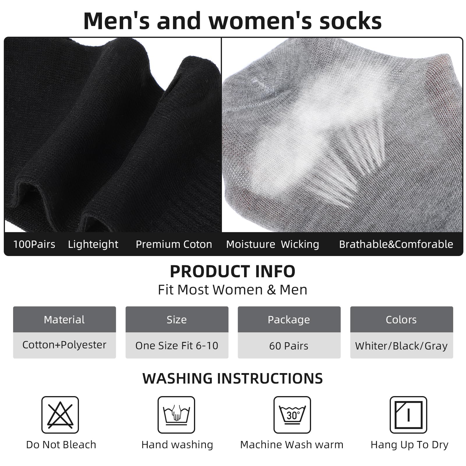 60 Pairs Men's Quarter Ankle Socks - Moisture Wicking Athletic Crew Socks for Running, Gym & Casual Wear - Breathable Unisex Socks for Men & Women (Black, White, Grey) - Perfect for Sports, Workouts & Everyday Comfort