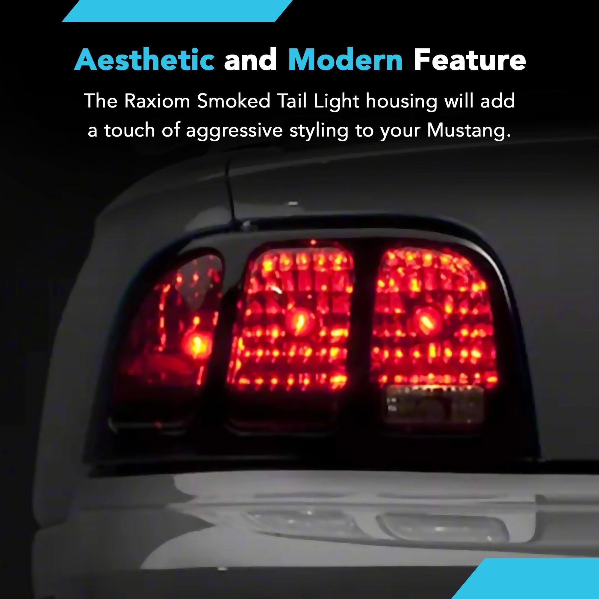Raxiom Smoked Tail Lights Assembly for Ford Mustang 1996-1998 - LED Brake Lights with Iconic Design - Upgrade Your Mustang's Rear Style for Night Driving & Car Shows