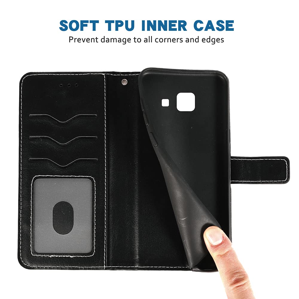 Samsung Galaxy Xcover 4 Wallet Case with Wrist Strap & Lanyard - Leather Flip Cover with Card Holder & Stand - Compatible with Galaxy Xcover 4/4S - Perfect for Work, Travel & Outdoor Activities (Black)