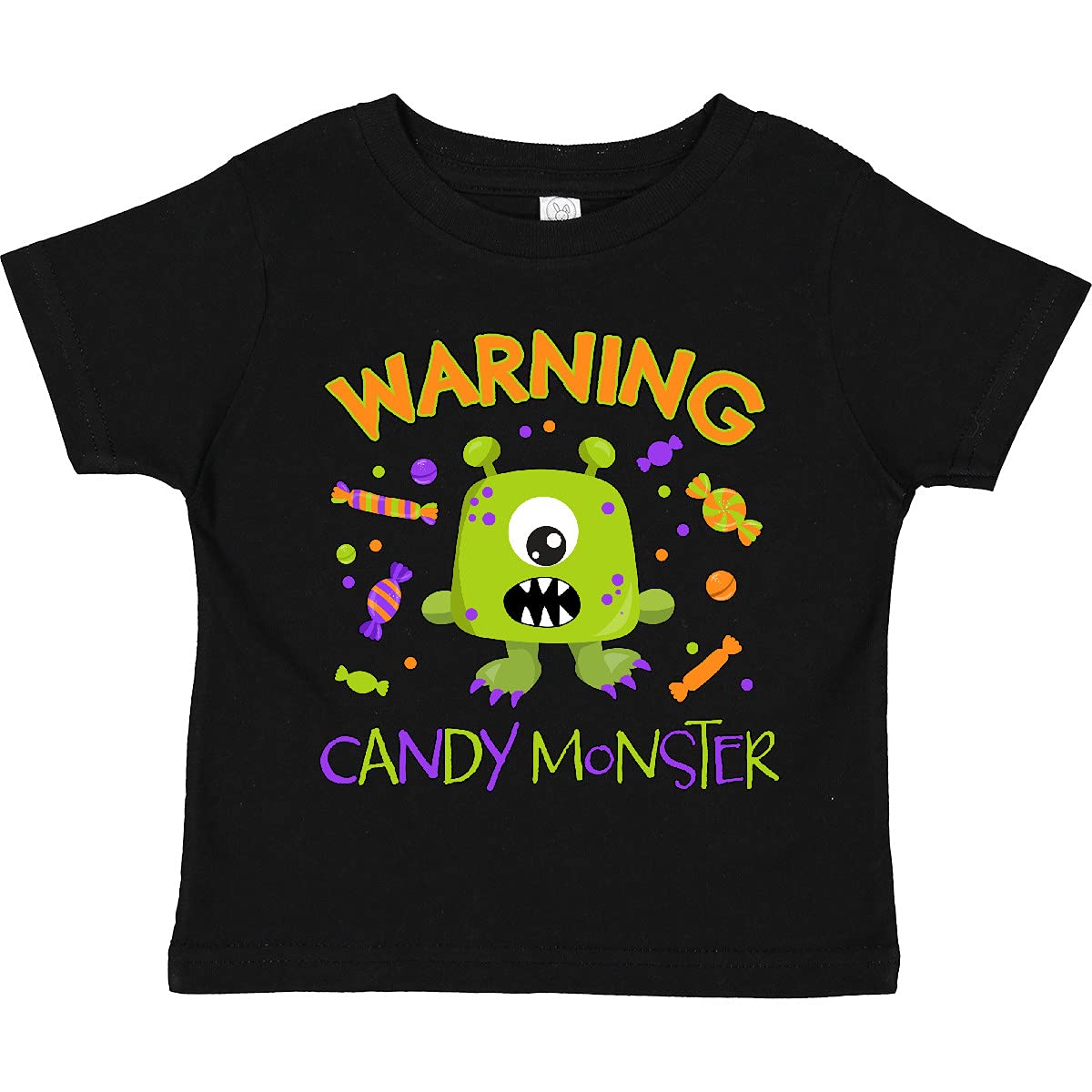 Inktastic Warning Candy Monster Green Toddler T-Shirt - Cute Halloween Costume & Funny Kids Outfit for Trick or Treating