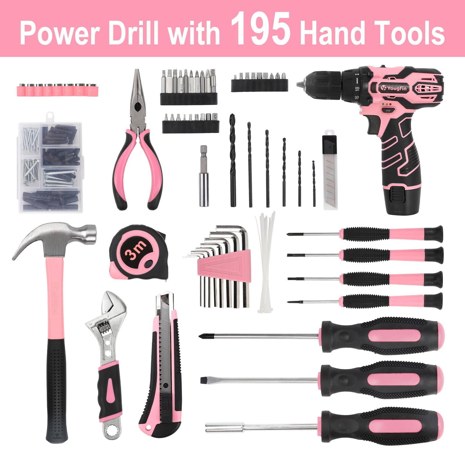 YOUGFIN 12V Pink Cordless Drill Set for Women - 195-Piece Home & Office Repair Tool Kit with Pink Tool Box - Perfect for DIY Projects, Furniture Assembly, and Household Improvements