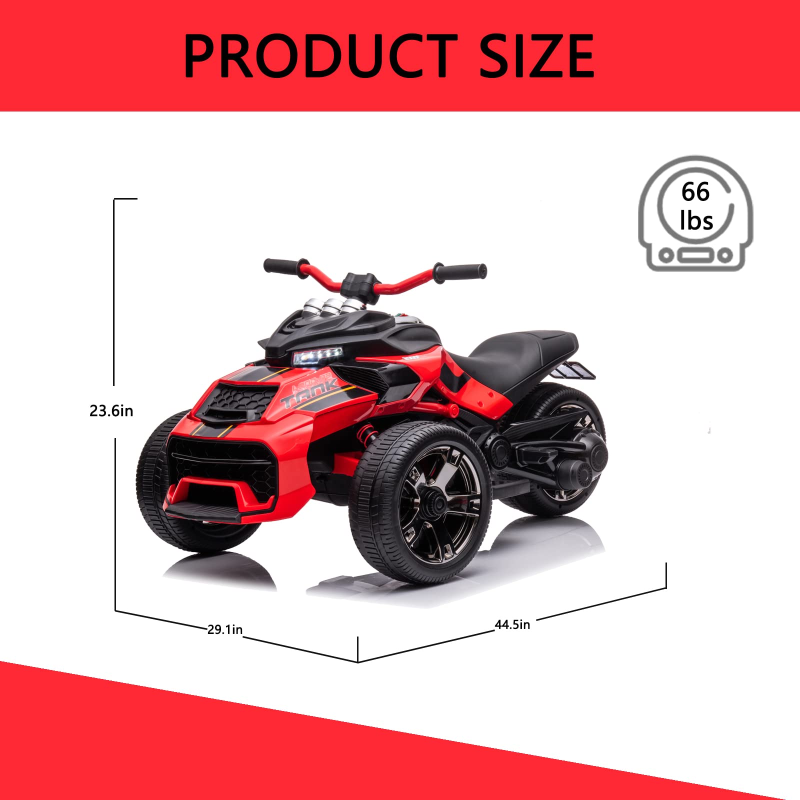 **POSTACK 24V Kids Electric ATV 3-Wheeler Ride-On Motorcycle with EVA Tires, LED Lights & Music – Battery-Powered Toy Car for Boys & Girls (Red) – Perfect Gift for Birthdays, Outdoor Play & Toddler Adventures**