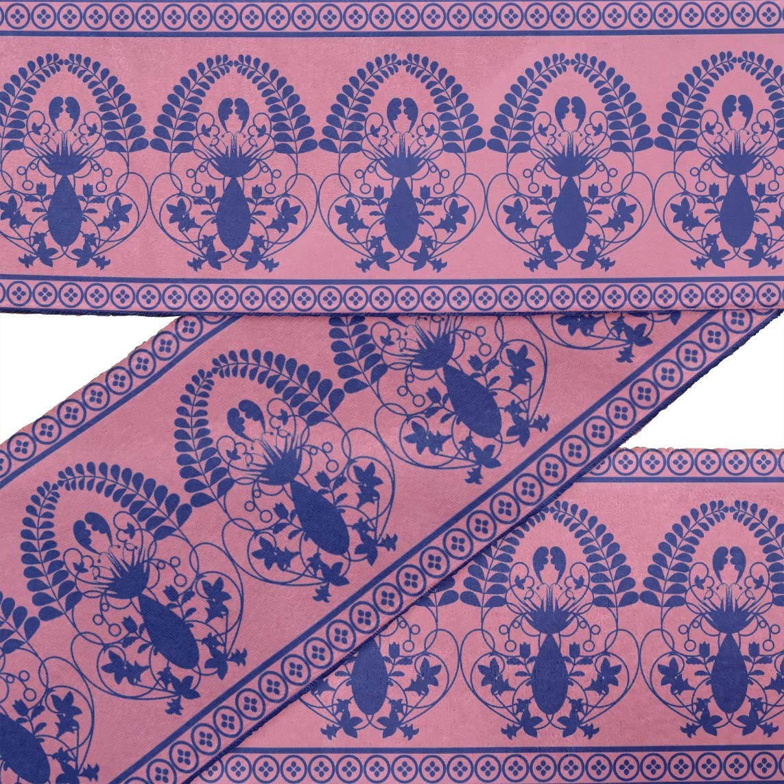 Indian Beautiful Art Pink Leaves & Floral Printed Dupion Fabric Ribbon Trim - 9 Yards, 3 Inches Wide for Crafts, Sewing & DIY Accessories | Perfect for Dressmaking, Gift Wrapping & Home Decor