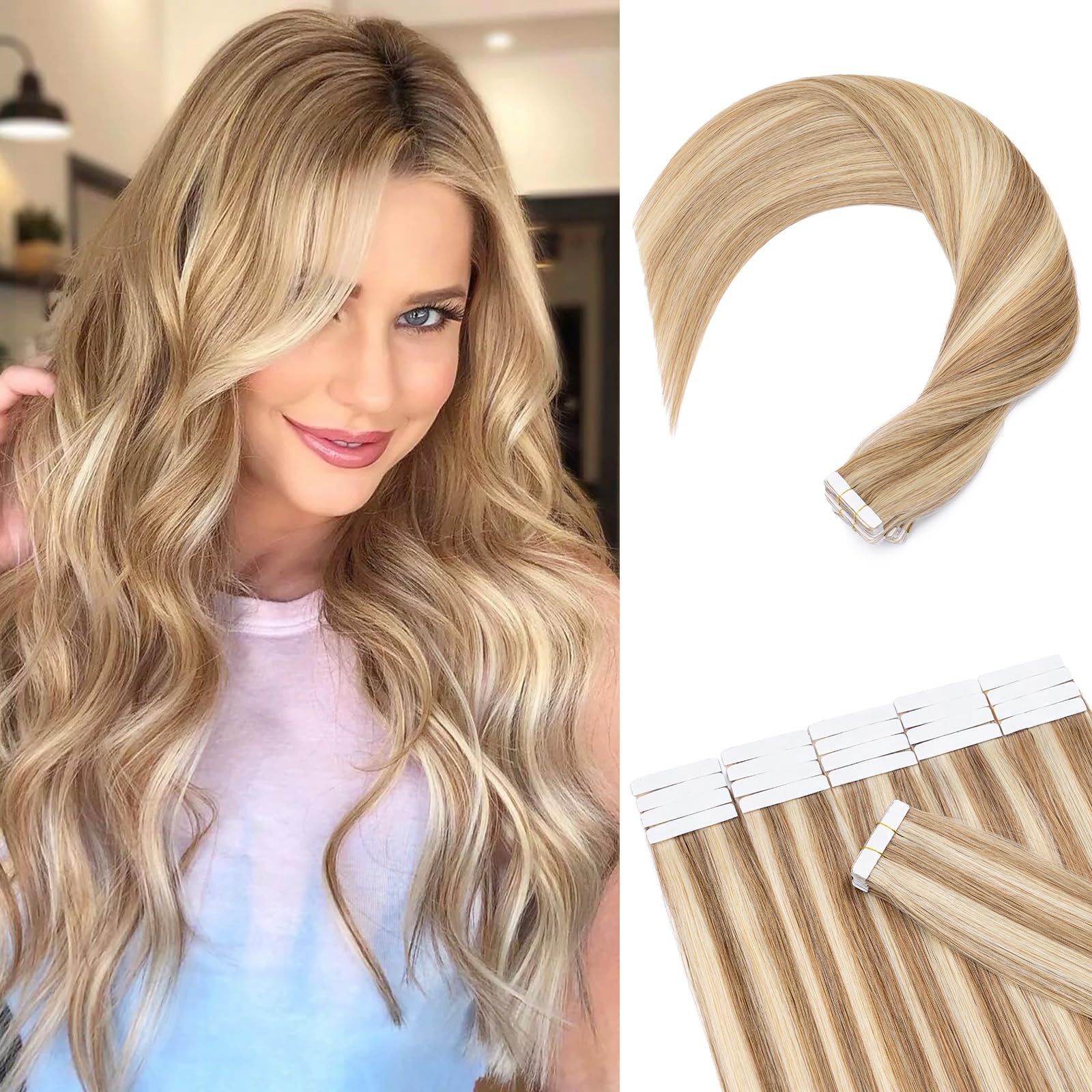 20pcs 50g Tape in Hair Extensions - 100% Remy Human Hair, Balayage Golden Brown with Bleach Blonde Highlights, Seamless Straight Double Sided (16 inch #12P613) - Perfect for Daily Wear, Parties & Special Occasions