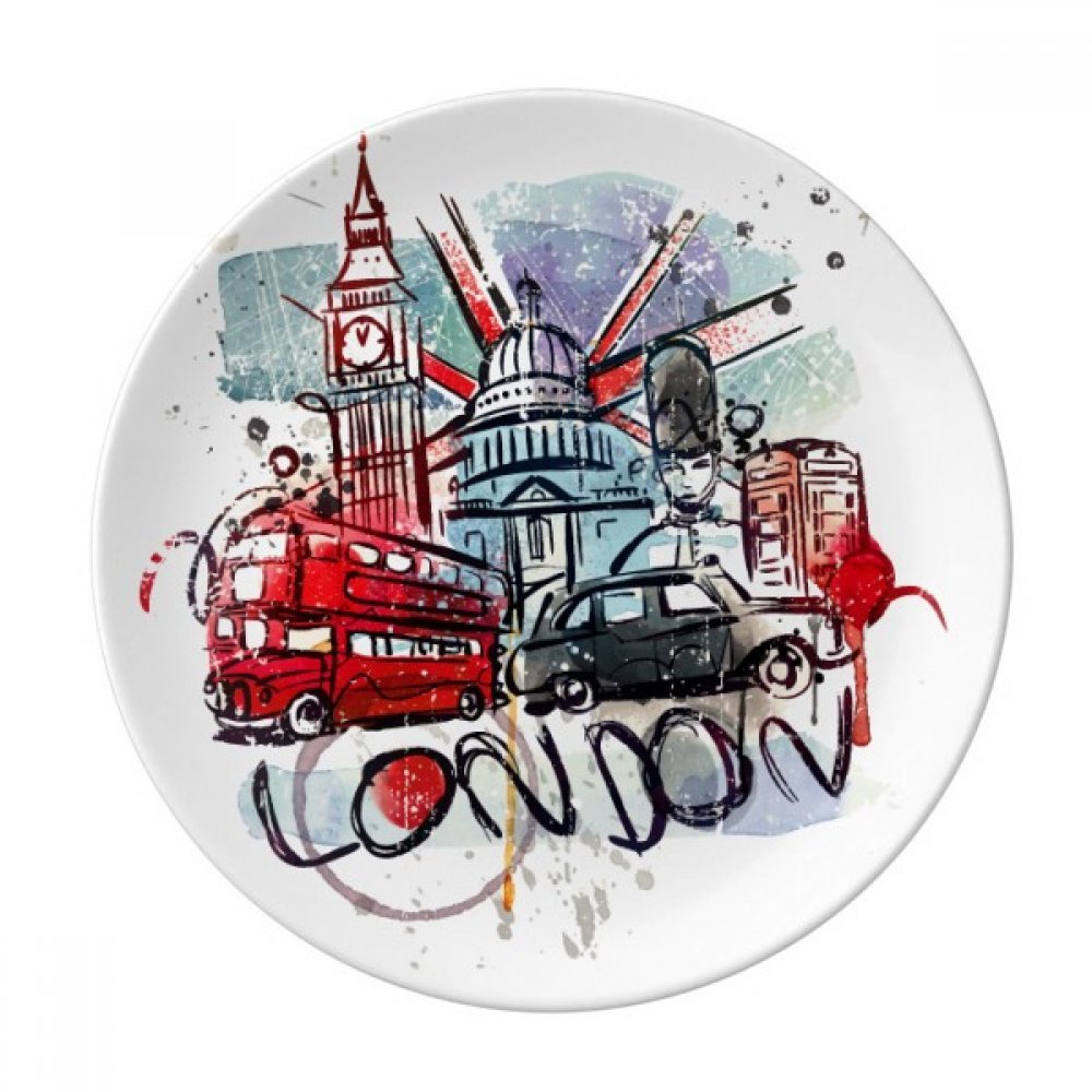London Bus & Big Ben UK Landmark Watercolor Dessert Plate - 8 Inch Decorative Porcelain Dinnerware for Tea Party, Home Decor & British Theme Dining