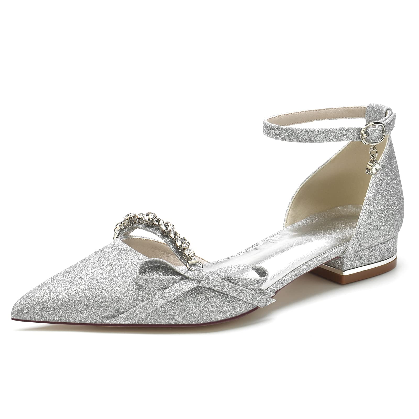 Sparkly Rhinestone Bridal Flats - Women's Glitter Satin Pointed Toe Wedding Shoes for Bride | Comfortable Low Heel Dress Pumps for Wedding, Prom, Evening Party & Special Occasions
