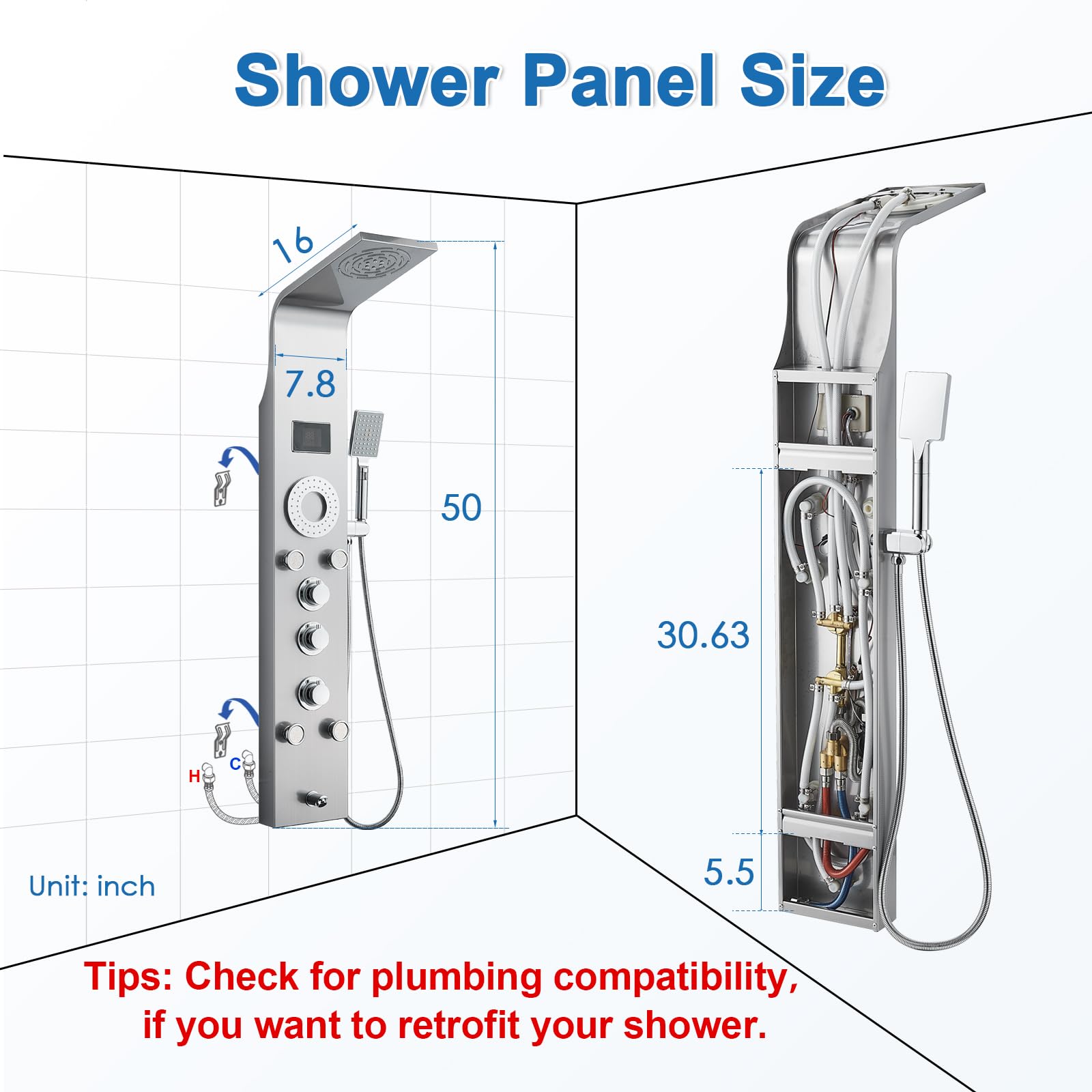 No Battery Needed Shower Panel Tower with LED Lights & Temperature Display - Rainfall, Mist & Body Jet Shower System with Handheld & Tub Spout | 304 Stainless Steel Brushed Finish | Perfect for Modern Bathroom Renovation & Spa-Like Shower Experience
