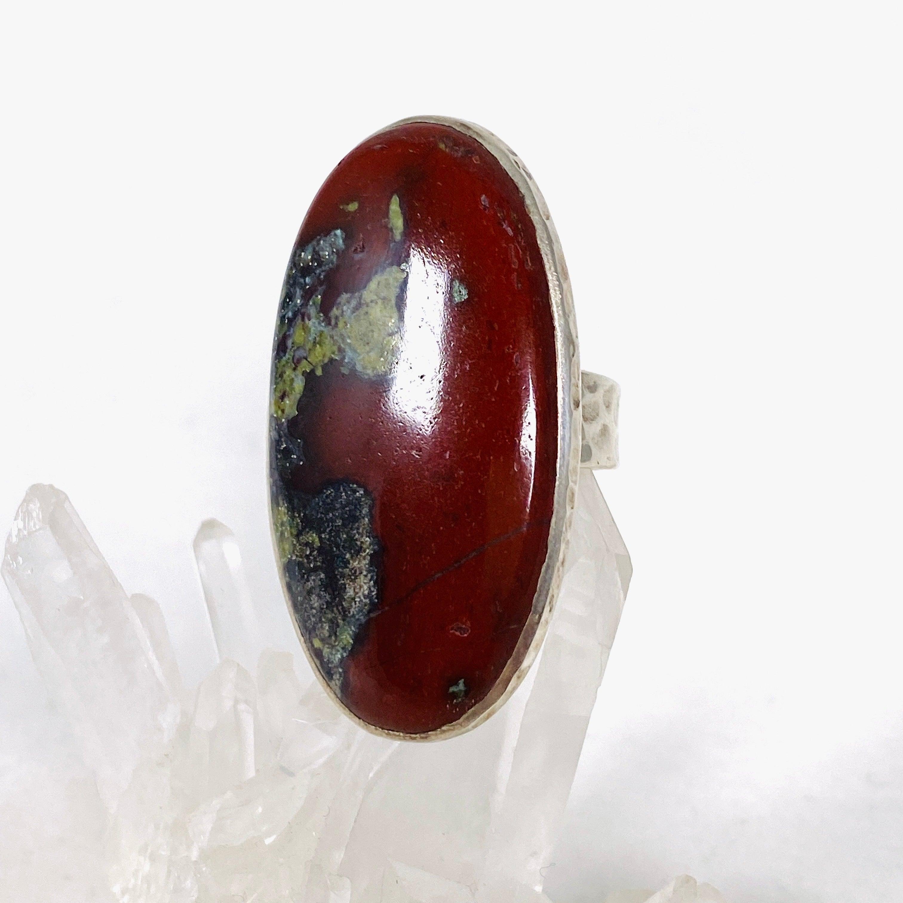 Dragon's Blood Jasper Oval Hammered Band Ring - Size 8, KRGJ1684 - Handmade Gemstone Jewelry for Spiritual Healing & Energy Protection