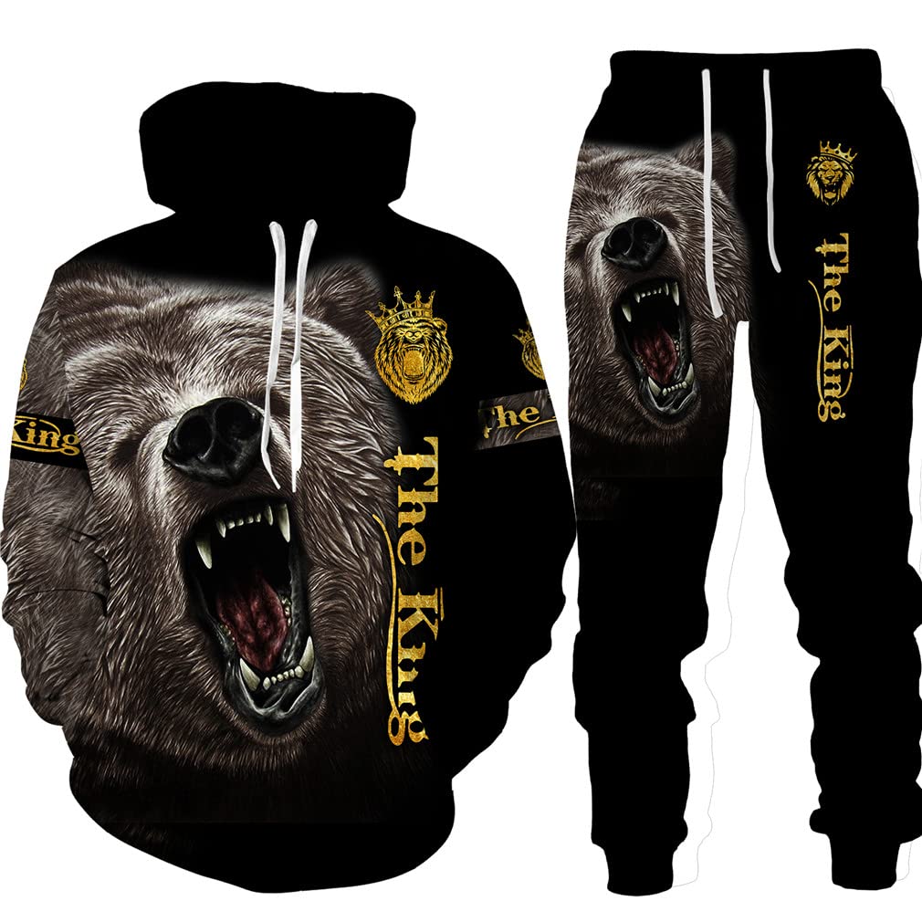 3D Printed Bear Hunting Camo Hooded Tracksuit Set for Men - Warm Winter Camouflage Outfit for Hunting & Outdoor Activities