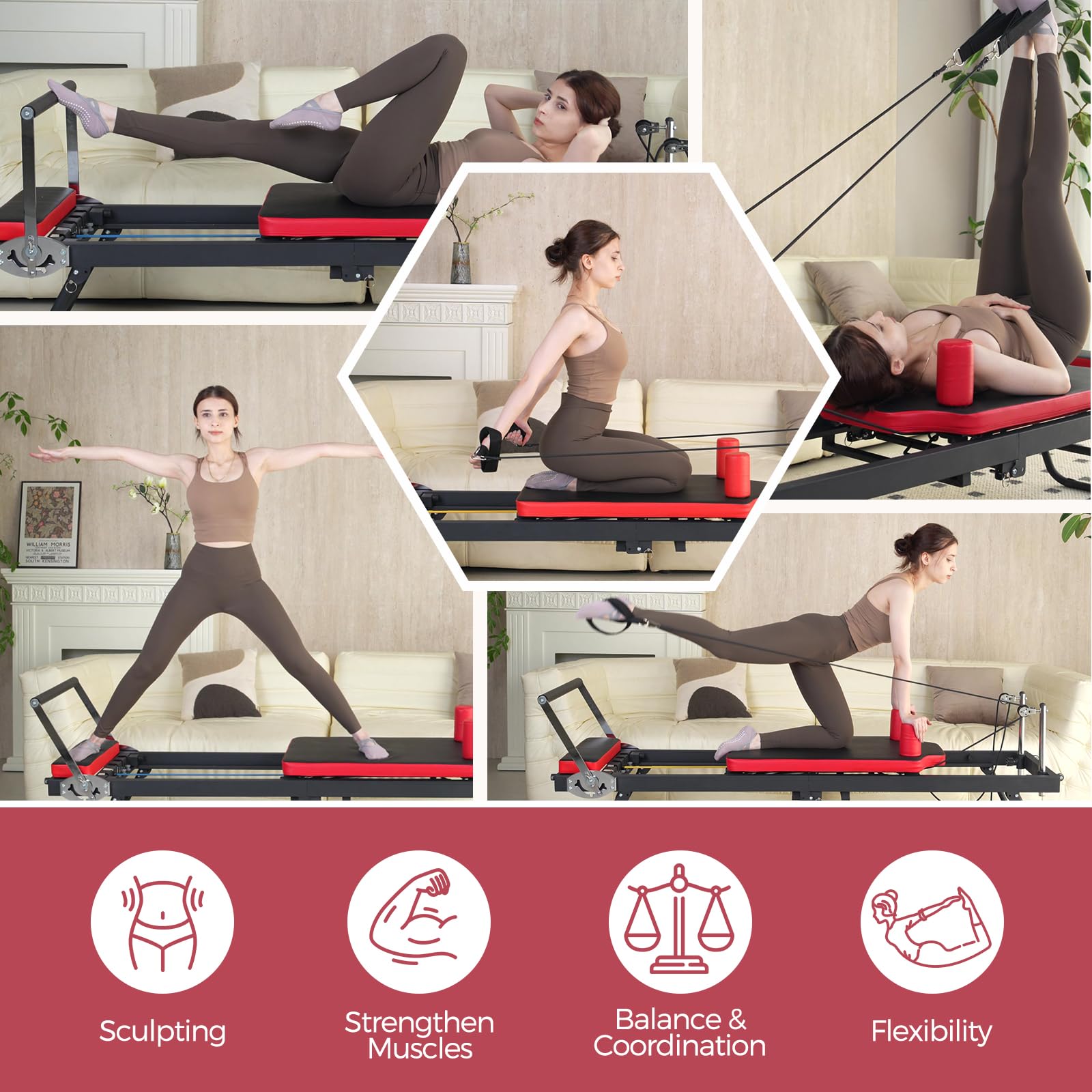 JIRTEMOT Foldable Pilates Reformer Machine with Resistance Springs & Cords - Home Gym Equipment for Full-Body Workout, Supports Up to 300 lbs - Perfect for Home Fitness, Physical Therapy & Pilates Studio Training