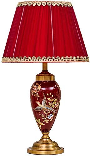 Country Style Table Lamp with Embroidery Lace Lampshade - Ceramic Night Light for Entrance, Corridor & Indoor Lighting (Red, 33x57cm) | Perfect for Farmhouse Decor, Bedroom Accent & Cozy Living Room Ambience