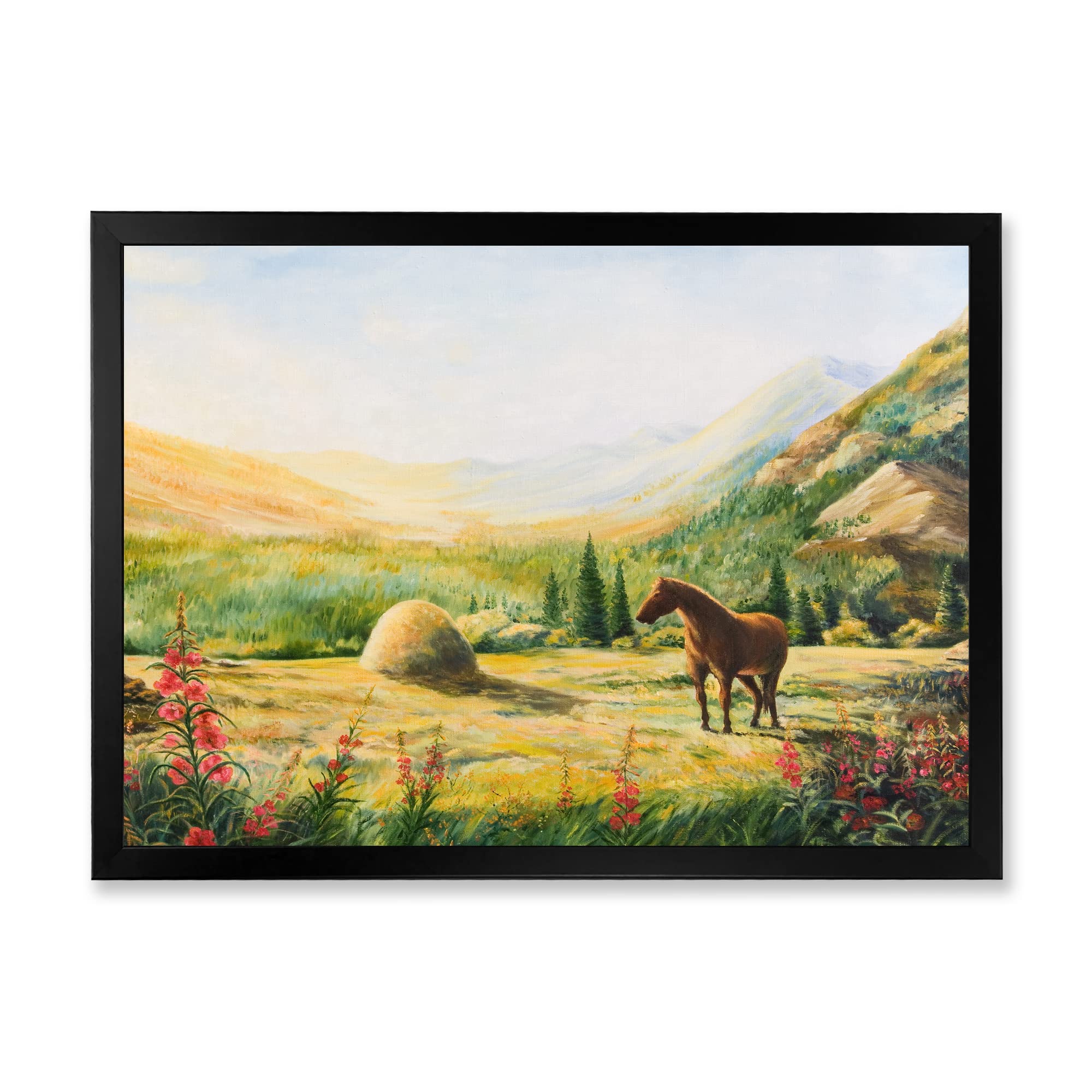 DesignQ Morning Sun In The Mountains With Horse Farmhouse Framed Wall Art - Rustic Countryside Landscape Painting for Living Room, Bedroom & Office Decor