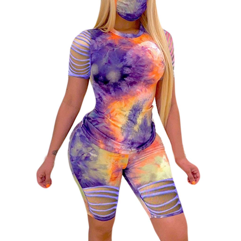 Women's Tie-Dye Sports Shorts & Top Set - Elastic Waist Comfortable Workout Outfit for Yoga, Running & Gym Wear