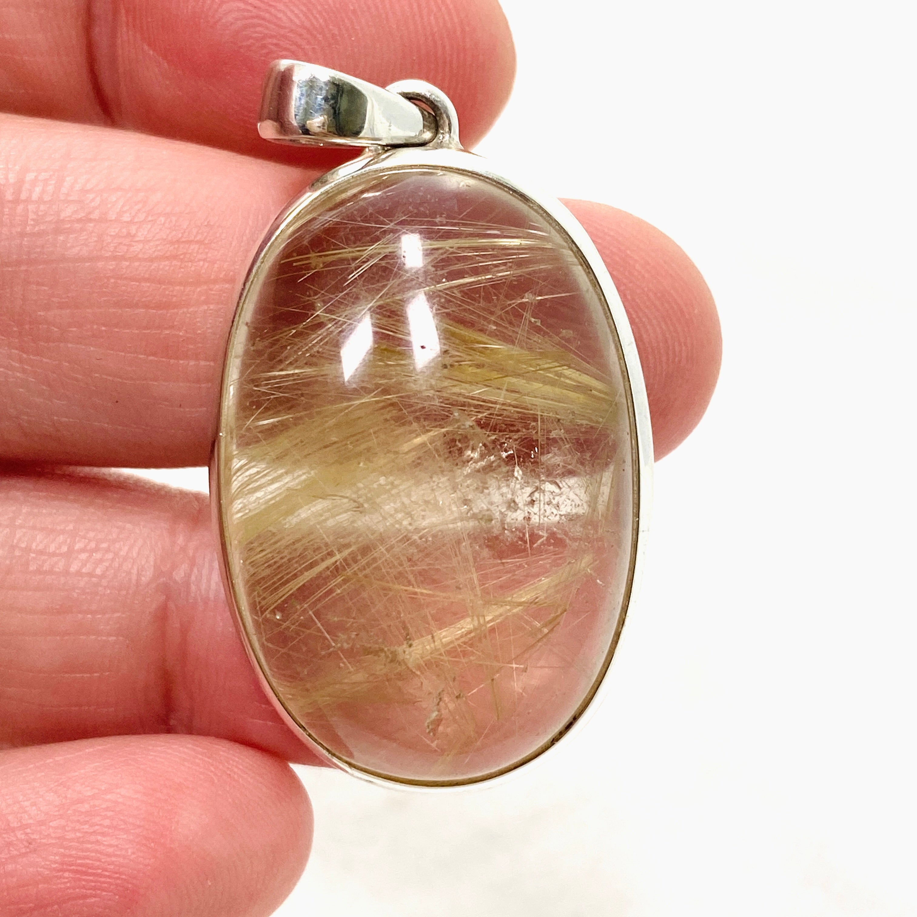 Natural Rutilated Quartz Oval Cabochon Pendant - 925 Sterling Silver Jewelry PPGJ835 for Women's Fashion & Spiritual Healing