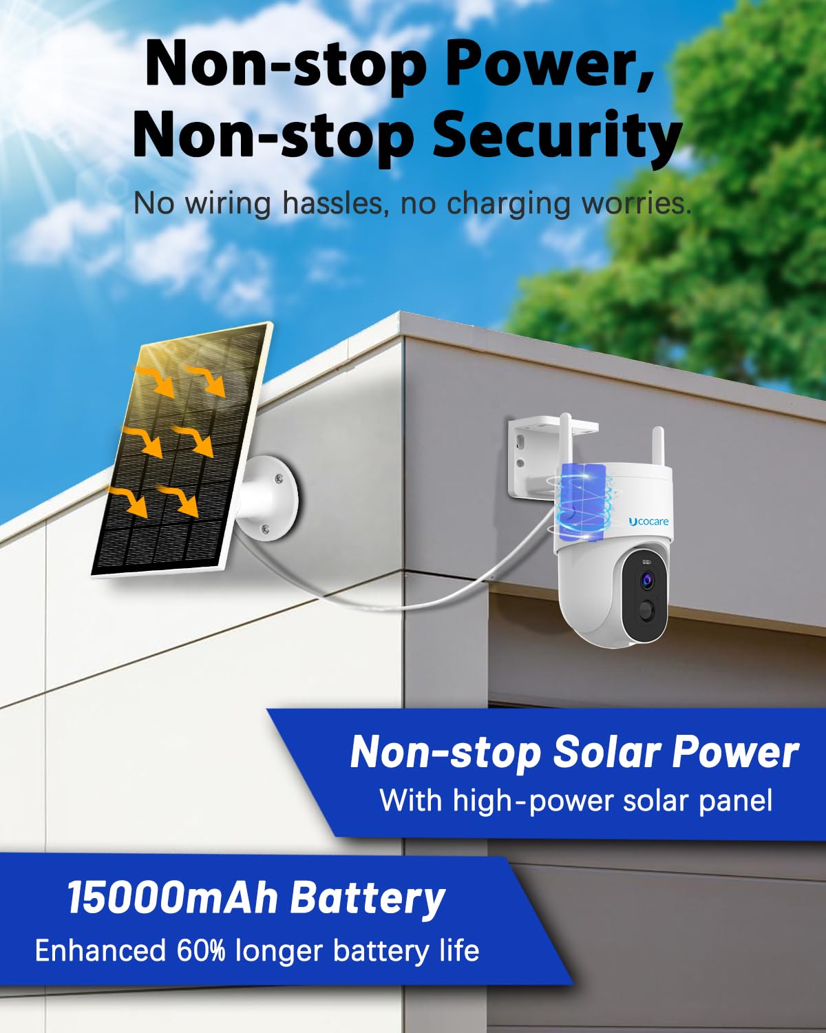 4MP QHD Wireless Solar Security Camera Outdoor - 360° View, 5W Solar Panel, 15000mAh Battery, 30m Color Night Vision, Smart Human Detection, 2-Way Talk, IP66 Weatherproof - Ideal for Home, Yard, and Business Surveillance