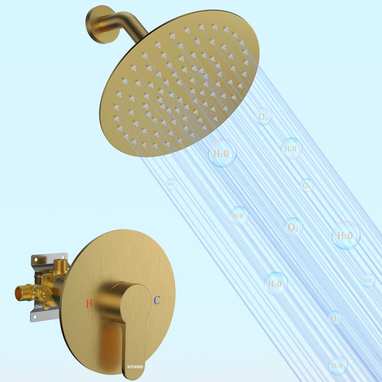 Bostingner 8 Inch Shower System - Brushed Gold Wall Mounted Shower Faucet Set with Valve, Single Function Shower Head and Trim Kit for Bathroom Renovation & Modern Home Upgrade