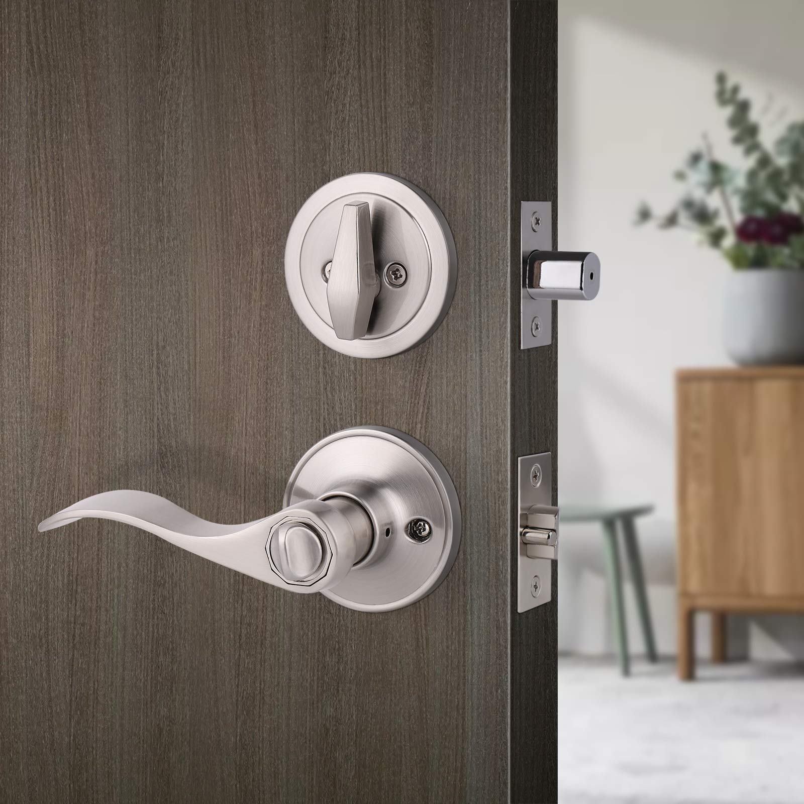 Gobrico Keyed-Alike Entry Door Lever and Deadbolt Lockset Set - Satin Nickel Finish, Single Cylinder Deadbolt (Keyed One Side) - 4-Piece Exterior Door Lock Set with Knob for Home Security - Perfect for Front Doors, Back Doors, and Rental Properties