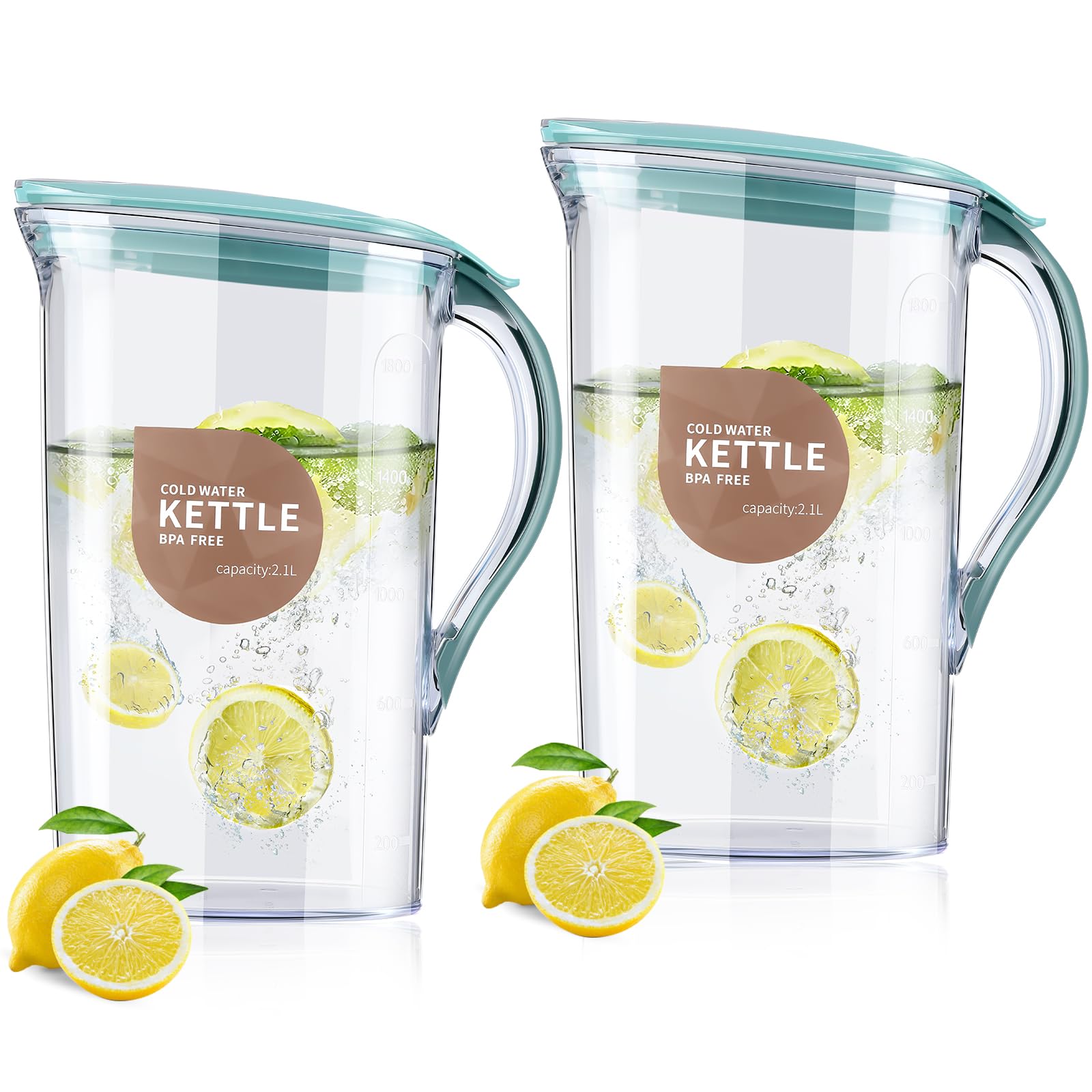 2 Pack 71 oz BPA-Free Plastic Water Pitcher with Lid - 0.56 Gallon Clear Beverage Dispenser for Refrigerator - Perfect for Cold Lemonade, Iced Tea, Juice & Hot Drinks - Ideal for Home, Office & Outdoor Use (Light Blue)