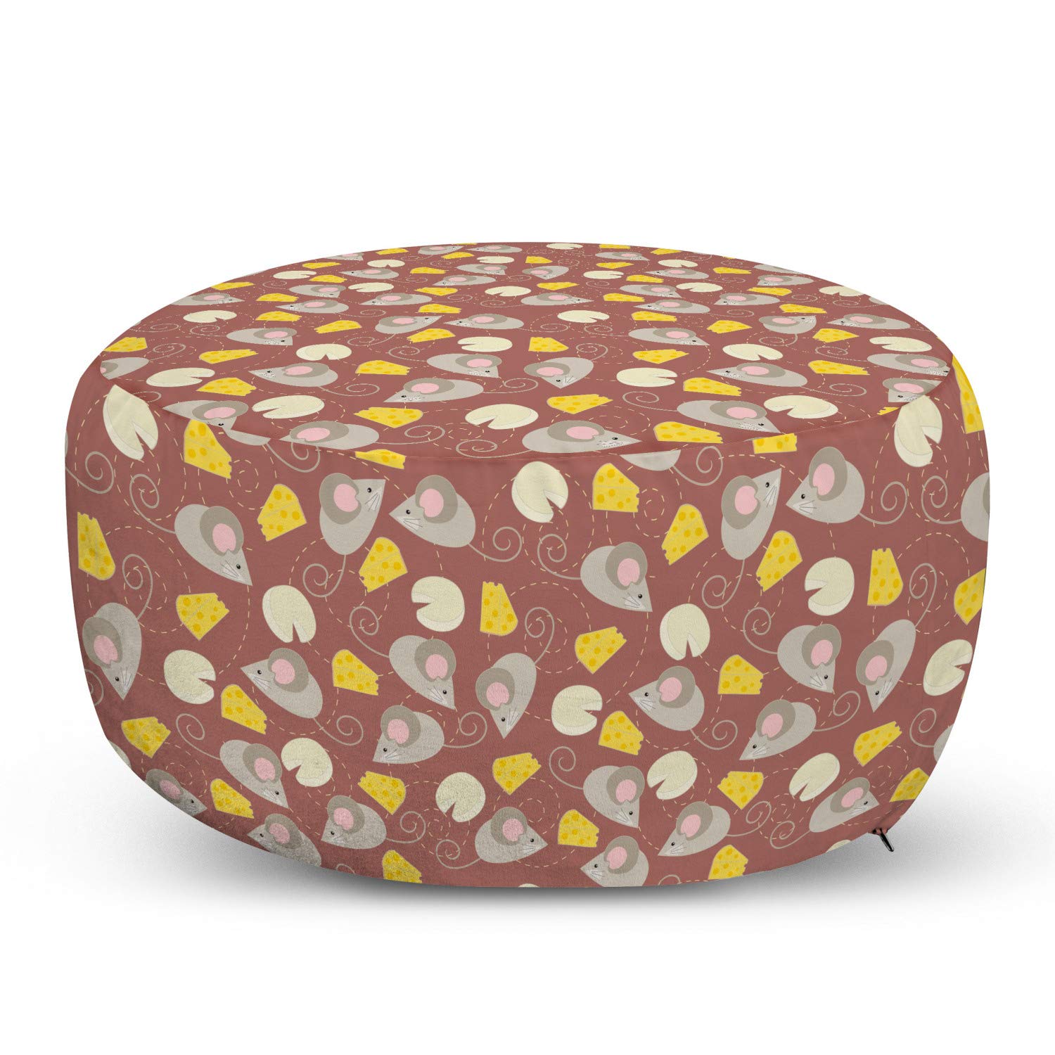 Ambesonne Animal Art Ottoman Pouf - Funny Mouse Chasing Cheese Cartoon Design, Soft Foot Rest with Removable Cover for Living Room & Bedroom - Pale Chocolate & Multicolor | Perfect for Home Decor, Lounge Seating & Kids Play Area