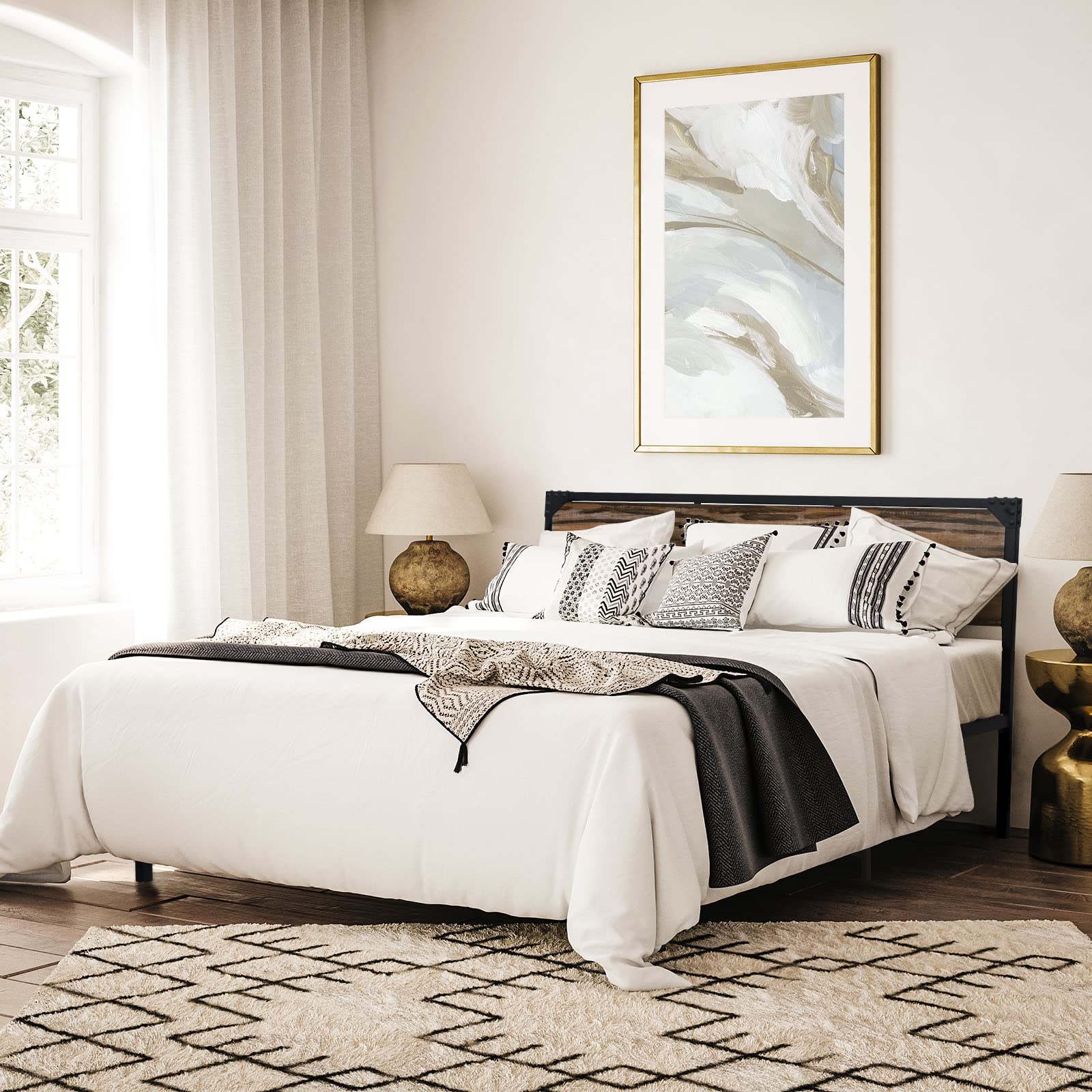 Giantex Full Metal Bed Frame with Wood Headboard - Sturdy Platform Bed for Home & Guest Room