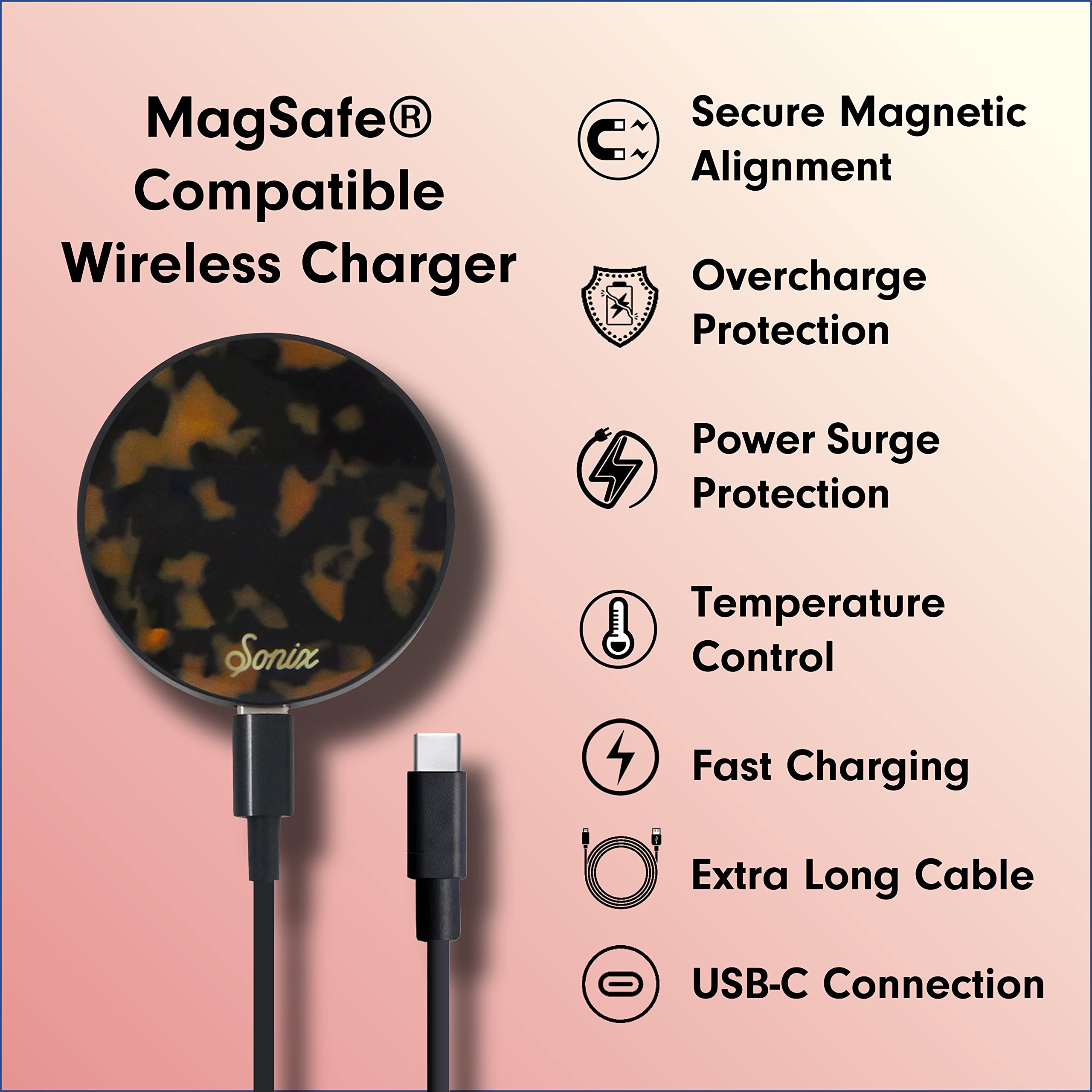 Sonix Fast Wireless Charger for MagSafe iPhone 15 14 13 12 Series - 6.5ft USB-C Cable | Brown Tortoise Shell Design | Perfect for Home Office Car & Travel Charging
