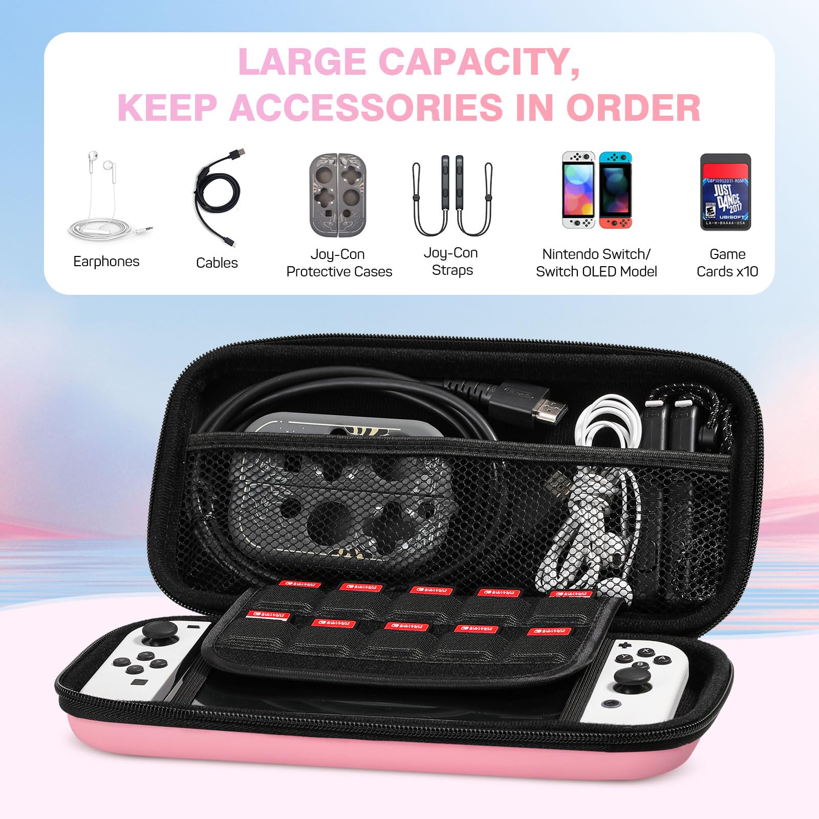 MoKo Hard Carrying Case Compatible with Nintendo Switch/Switch OLED - Portable Protective Case with 10 Game Card Slots | Travel & Storage Accessories | Pastel Pink